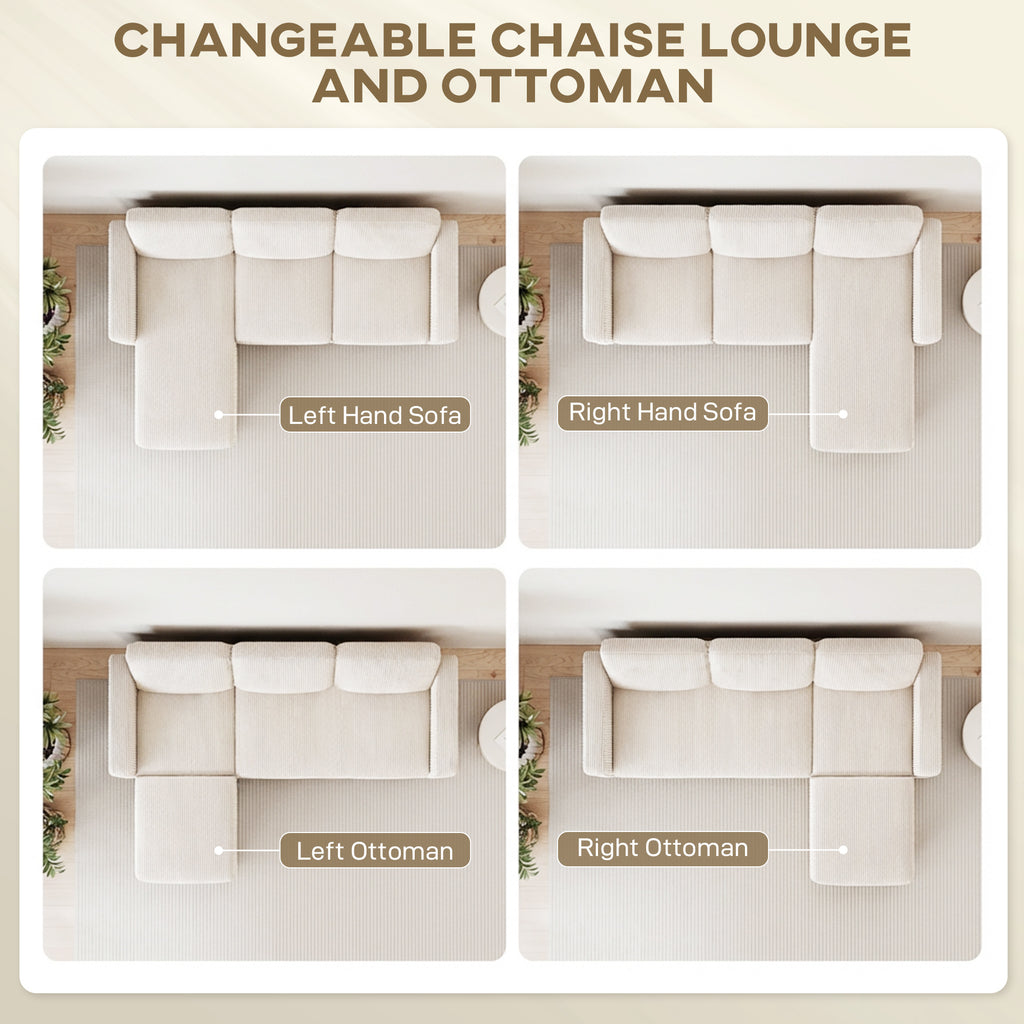 Sectional Sofa, L Shaped Couch, with Changeable Chaise or Ottoman, Cream White