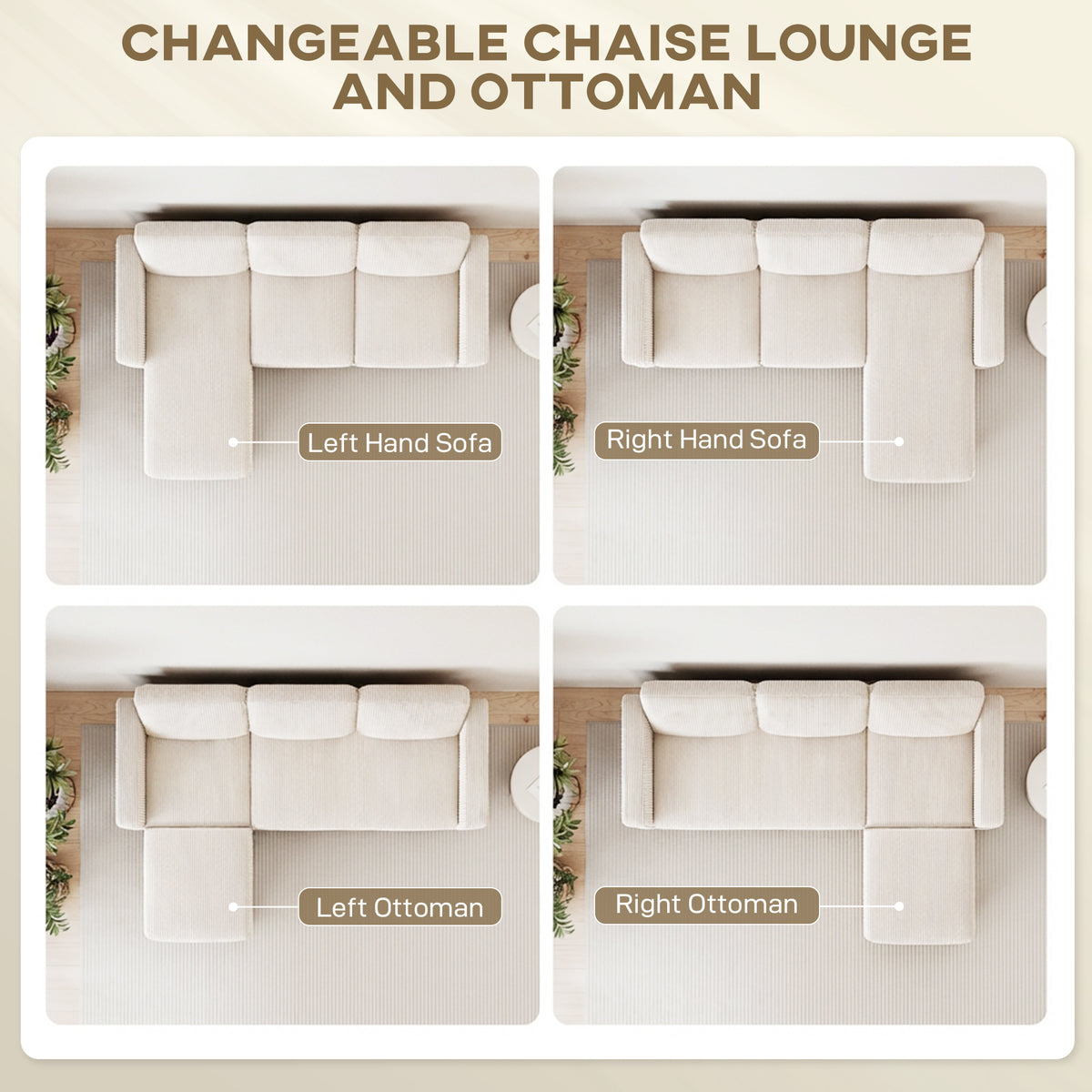 Sectional Sofa, L Shaped Couch, with Changeable Chaise or Ottoman, Cream White