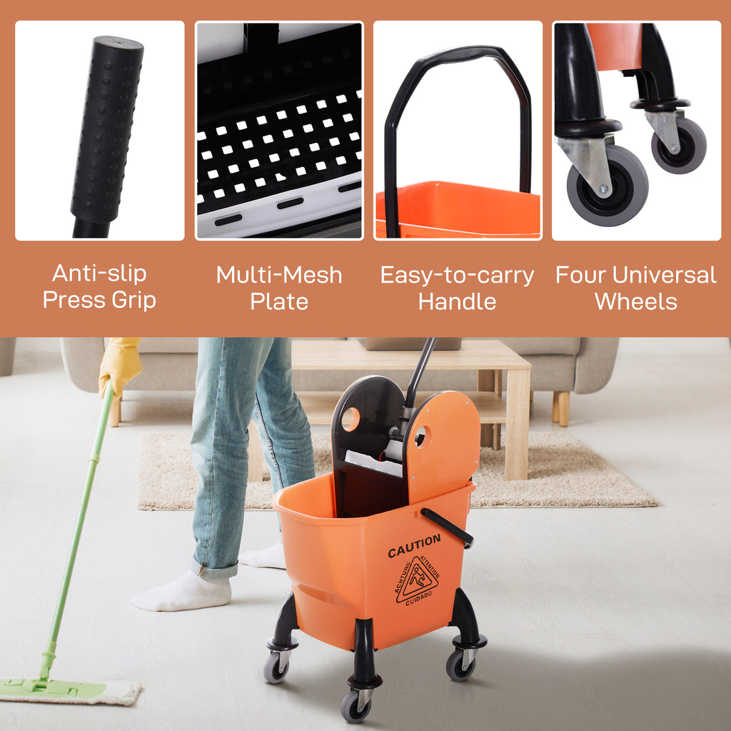 6.9 Gal/26L Mop Bucket, Mop Bucket with Wringer, Wheels and Handle, Orange