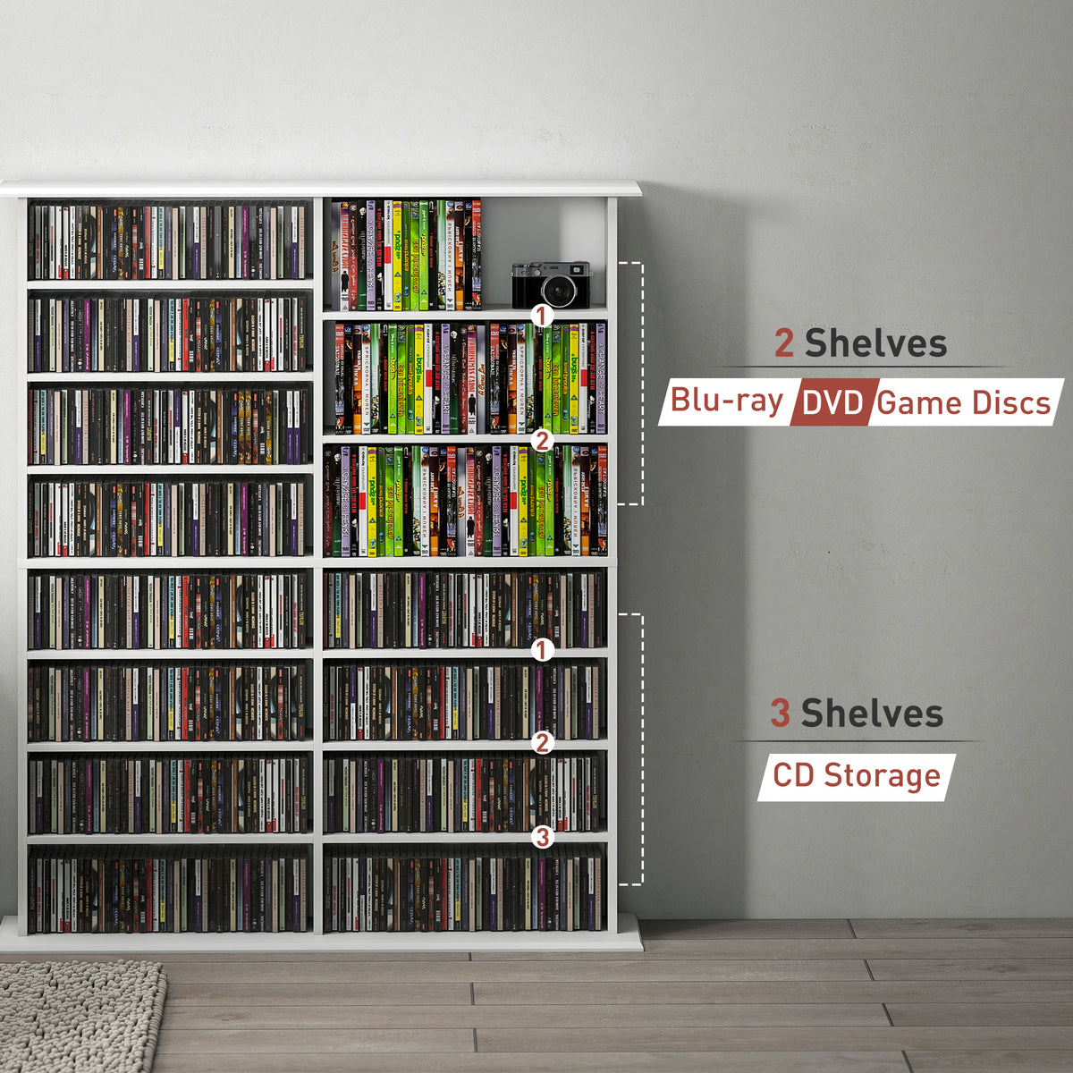 8-Tier DVD Shelf with 12 Adjustable Shelves, Double CD Shelf, Holds 720 CDs, 396 DVDs or 396 Blu-rays, Black