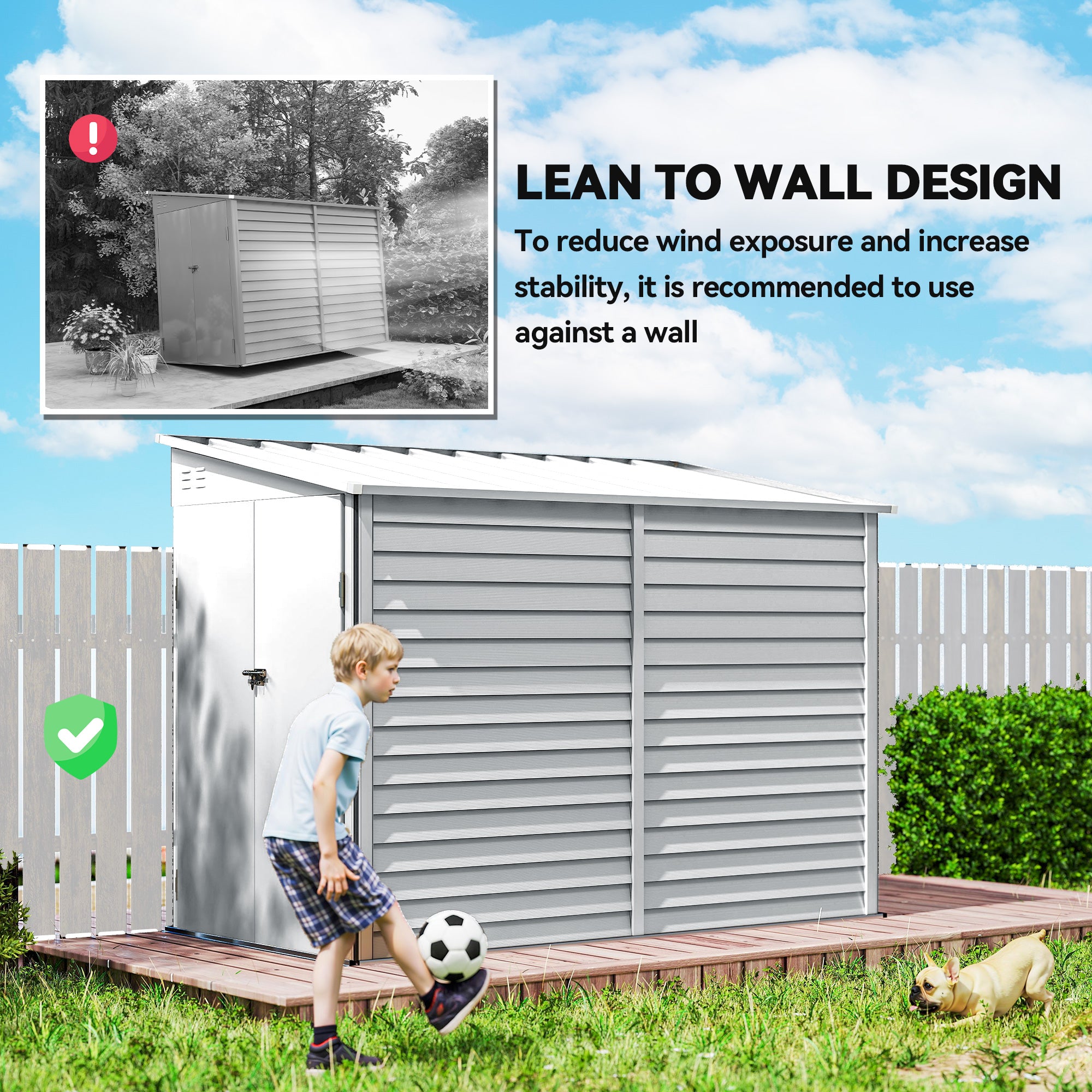 4.6' x 9' Steel Outdoor Storage Shed, Lean to Shed, Metal Tool House with Foundation Kit, Lockable Doors, Gloves and 2 Air Vents for Backyard, Patio, Lawn, Grey