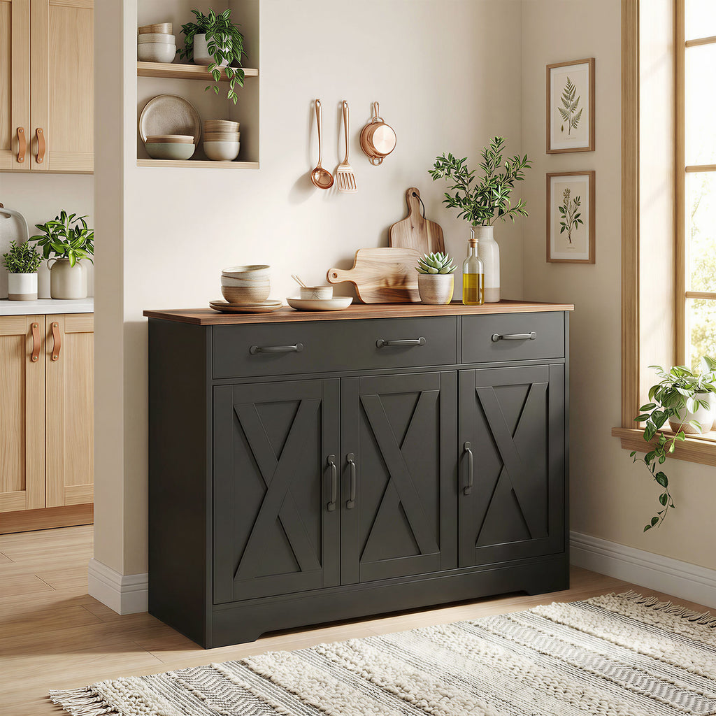 Sideboard Buffet Cabinet, 55" Farmhouse Kitchen Cabinet with 4 Barn Doors, 3 Drawers, 3 Adjustable Shelves, White