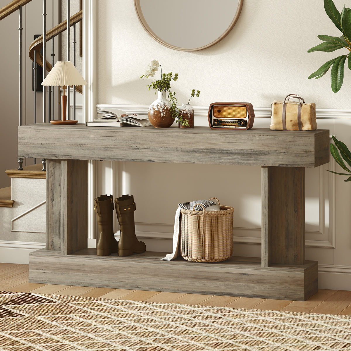 63 Inch Long Console Table, Vintage Narrow Entryway Table with Storage Shelf for Living Room and Hallway, Light Brown