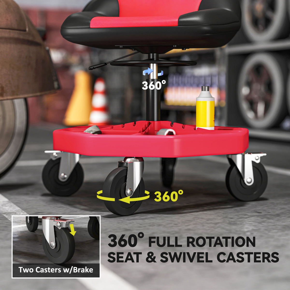 Rolling Garage Stool, 300 LBS Capacity Mechanic Stool with 5" Wheels, Tool Tray Storage, Adjustable Height, Red