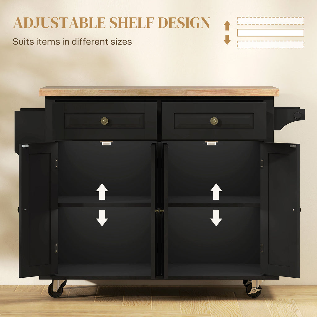 Rolling Kitchen Island with Rubber Wood Top and Storage, Spice Rack, Towel Rack, Black