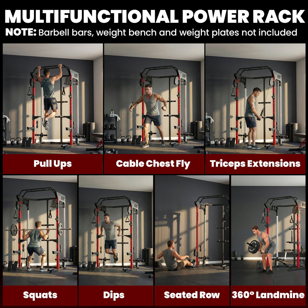 Soozier Power Cage, Power Rack with Adjustable Cable Pulley System, Pull-Up Bar, Dip Station, Landmine