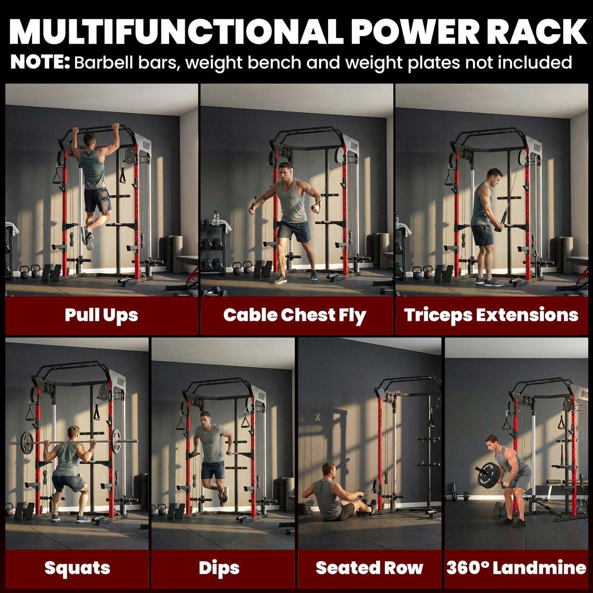 Soozier Power Cage, Power Rack with Adjustable Cable Pulley System, Pull-Up Bar, Dip Station, Landmine