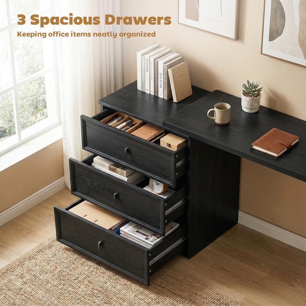 L Shaped Computer Desk Home Office Desk with 6 Drawers Black Wood Grain