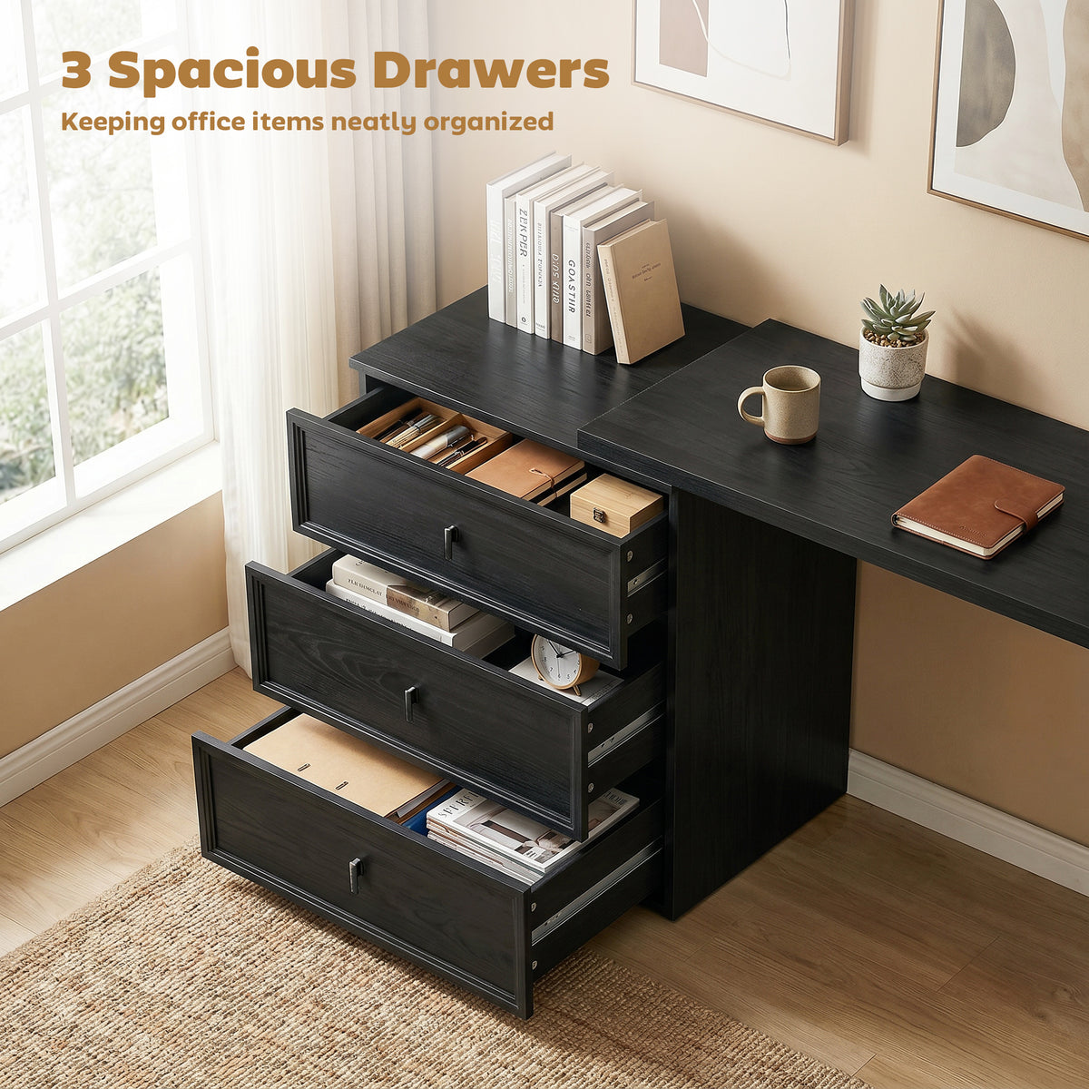 L Shaped Computer Desk Home Office Desk with 6 Drawers Black Wood Grain