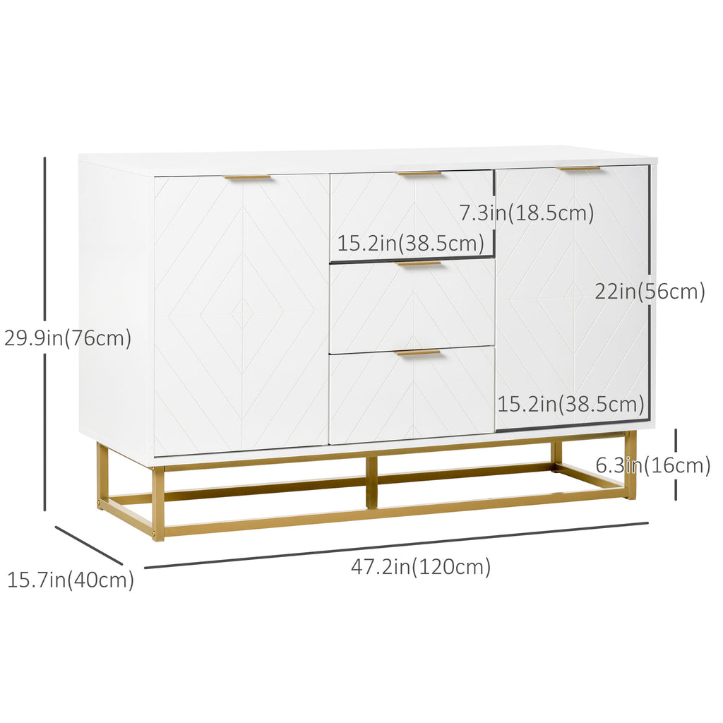 47" Storage Cabinet with Doors, Adjustable Shelves, 3 Drawers, Metal Legs for Kitchen Storage, Home Use, White