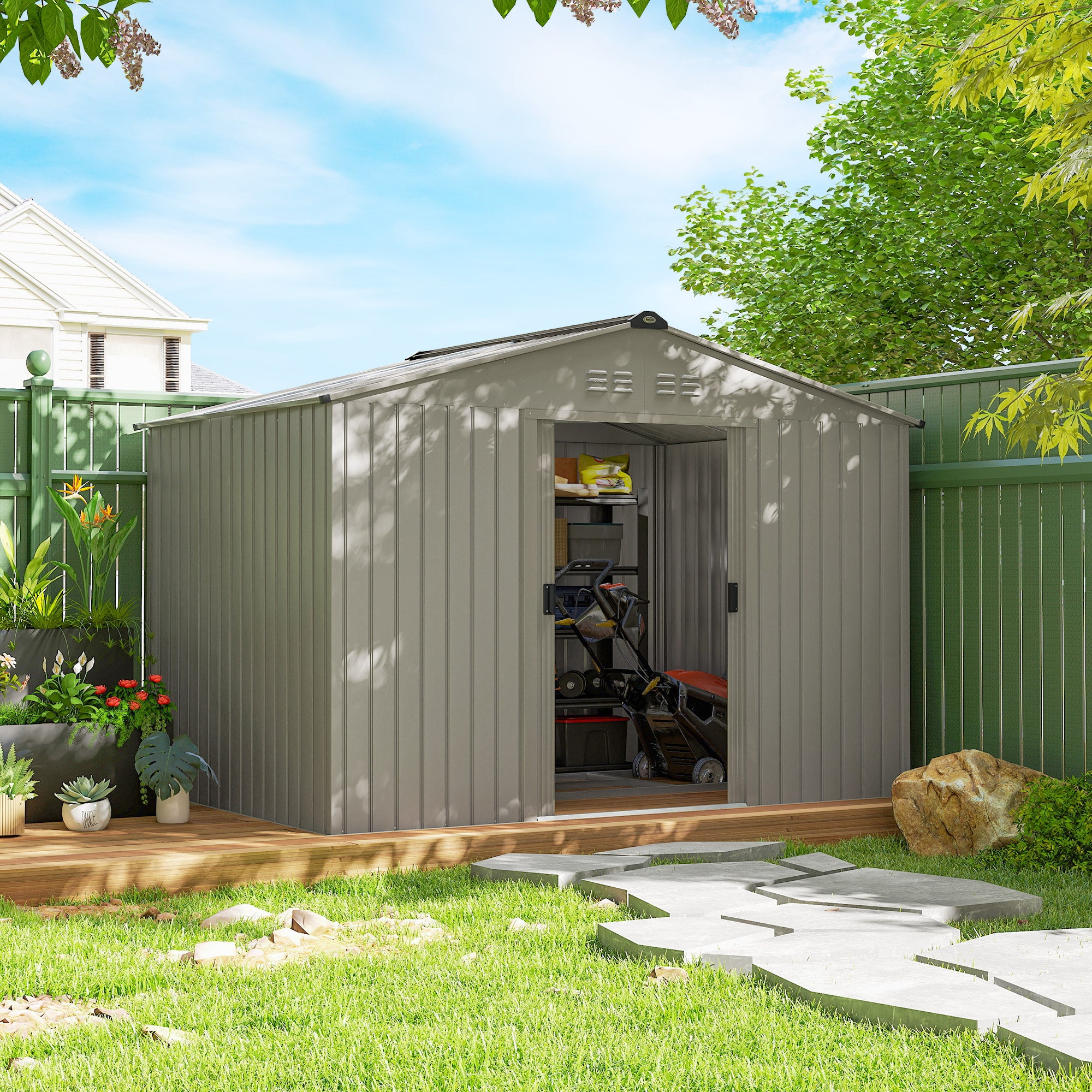9.1' x 6.4' x 6.3' Garden Storage Shed w/ Foundation Kit Metal Tool Storage House w/ Double Doors Green