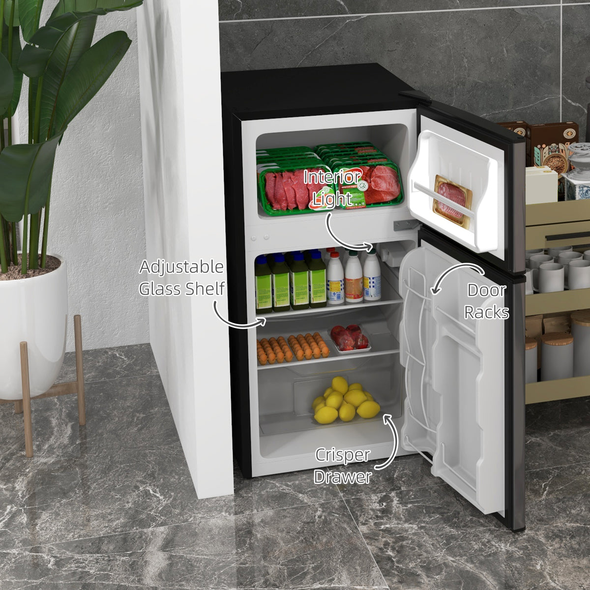 3.2 Cu Ft Compact Refrigerator, Mini Fridge with Freezer, Adjustable Shelves and Reversible Doors for Bedroom, Silver