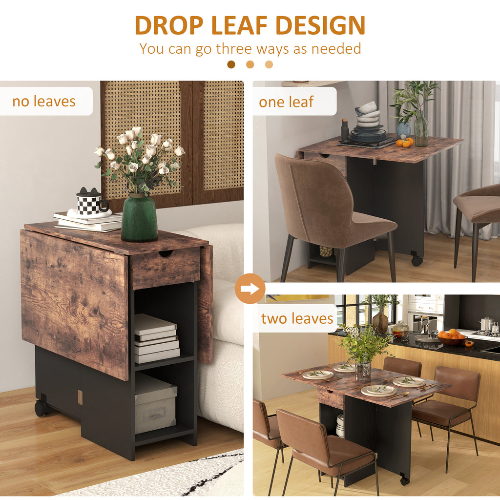 Folding Dining Table, Space Saving Drop Leaf Table with Drawer and Shelves for Kitchen, Dining Room, Rustic Brown