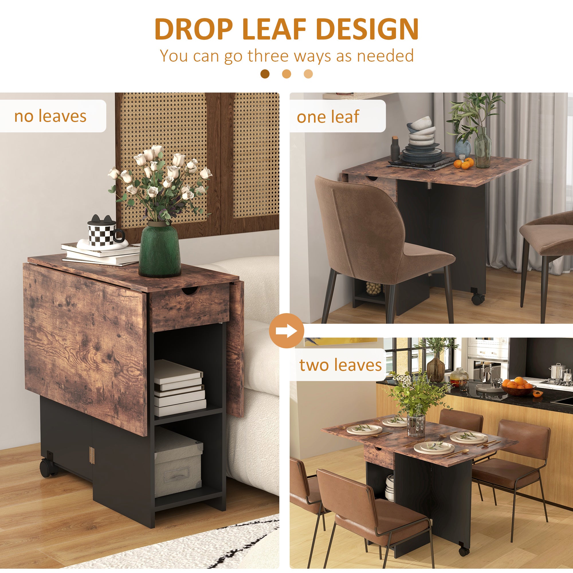 Folding Dining Table, Space Saving Drop Leaf Table with Drawer and Shelves for Kitchen, Dining Room, Rustic Brown