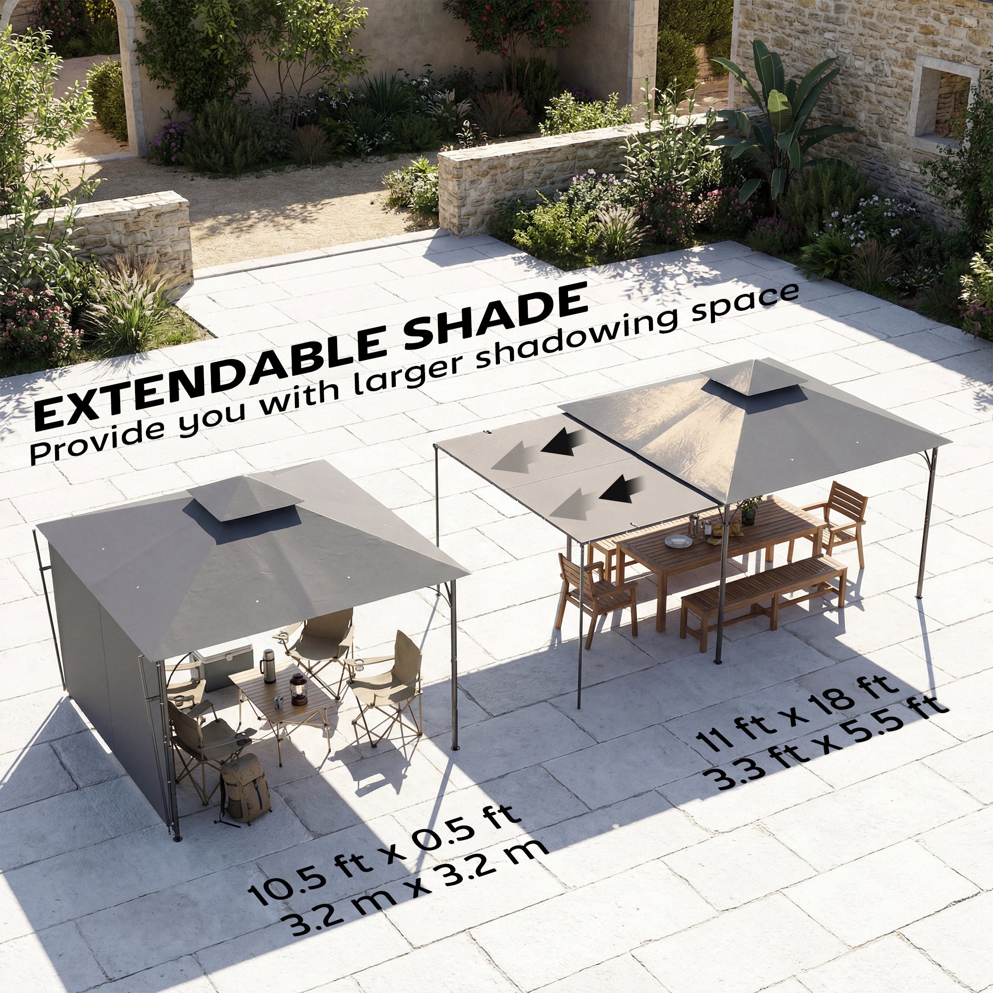 Patio Gazebo with Double Roof Outdoor Gazebo Canopy with Extendable Shade 126" x126" Dark Grey