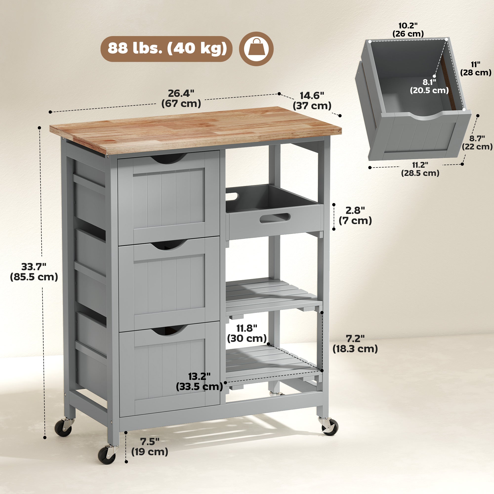 Kitchen Cart on Wheels, Rolling Kitchen Island Cart with Wood Top, 3 Drawers and Shelves for Home Dining Area