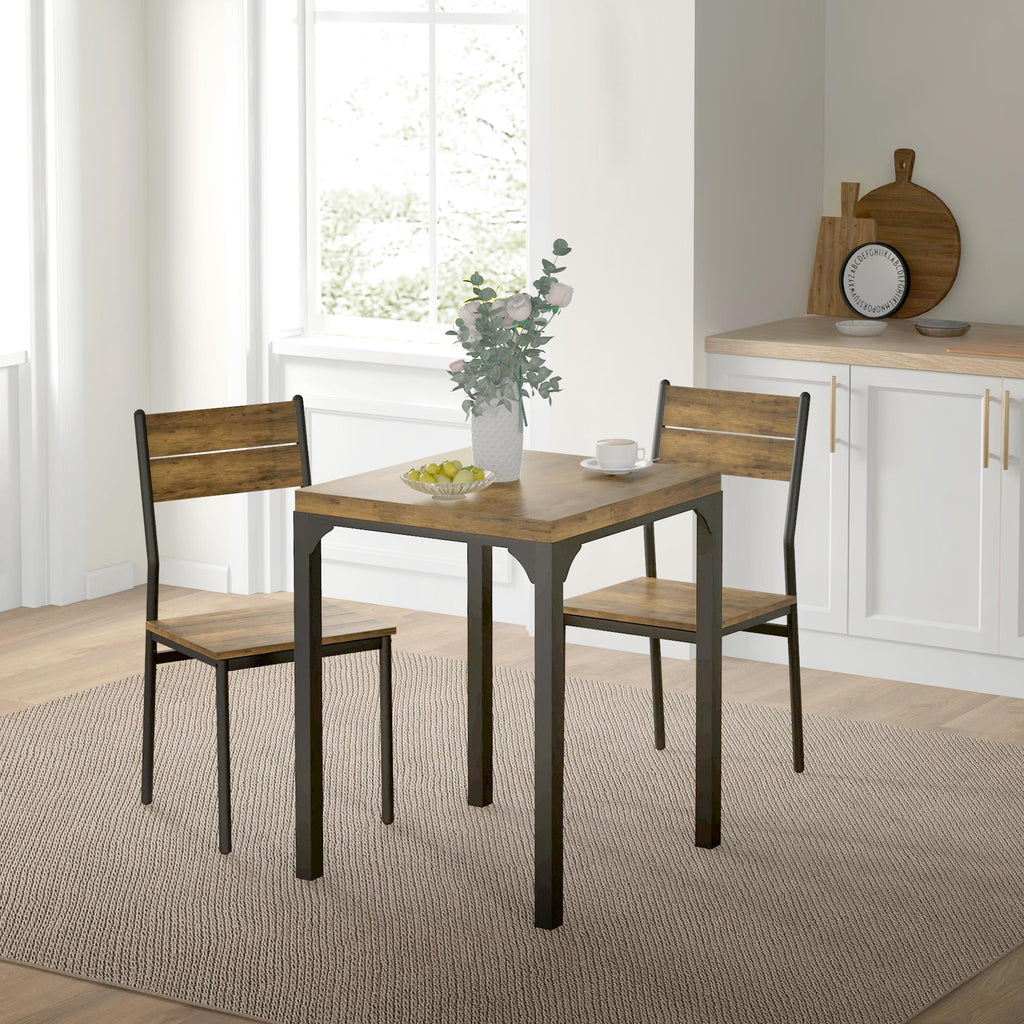 Dining Table Set for 2, 3 Piece Kitchen Table and Chairs with Metal Legs for Small Spaces, Rustic Brown