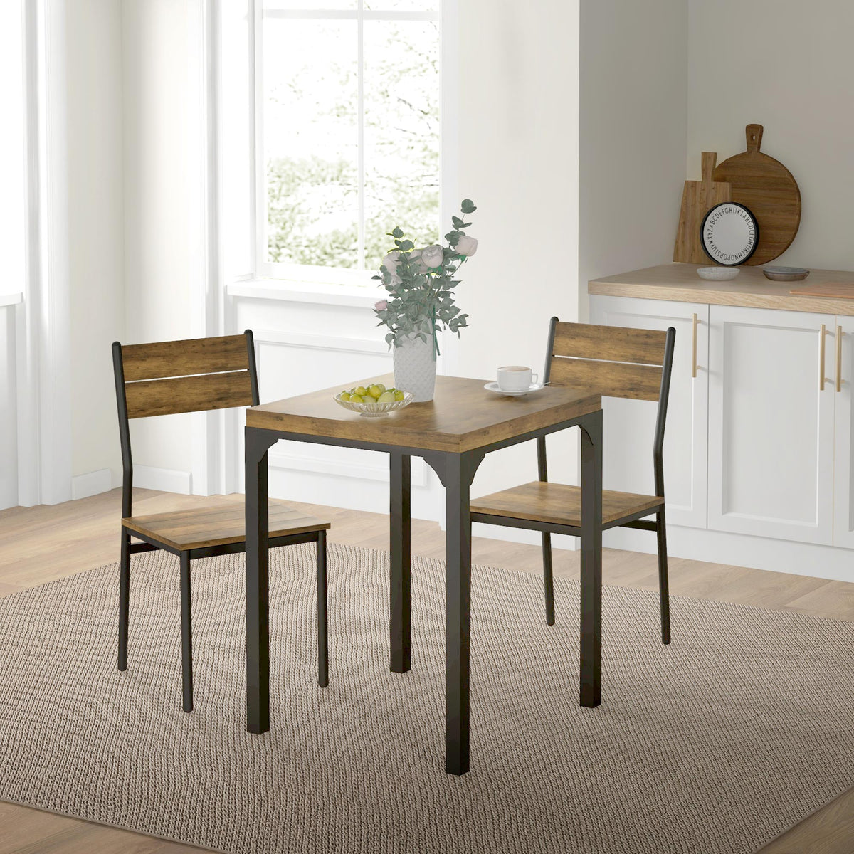 Dining Table Set for 2, 3 Piece Kitchen Table and Chairs with Metal Legs for Small Spaces, Rustic Brown