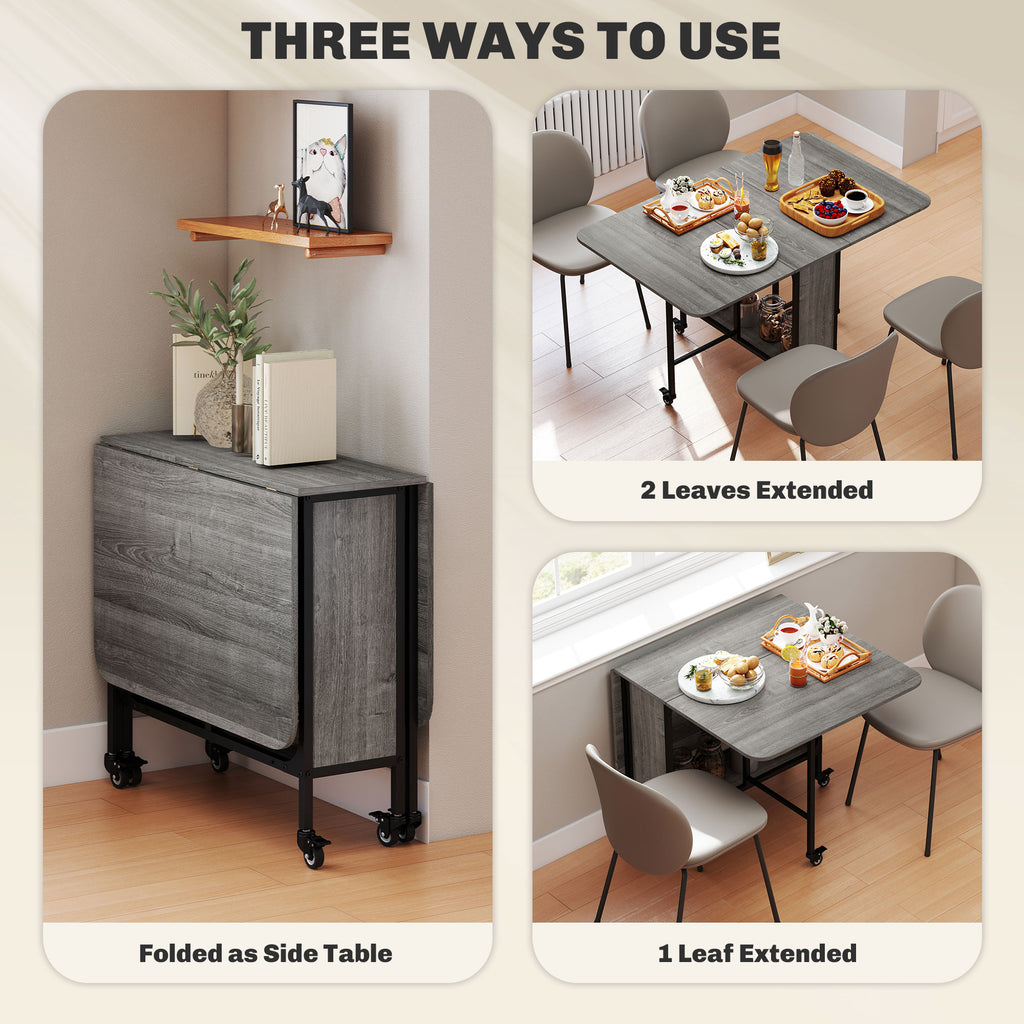 Folding Dining Table, Extendable Kitchen Table for Small Spaces with Storage Shelf and 6 Wheels, Distressed Grey