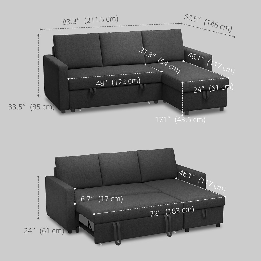 83" Sofa Bed, Pull Out Sleeper L Shaped Sectional Couch with Reversible Storage Chaise, Wide and Deep Seat, Black