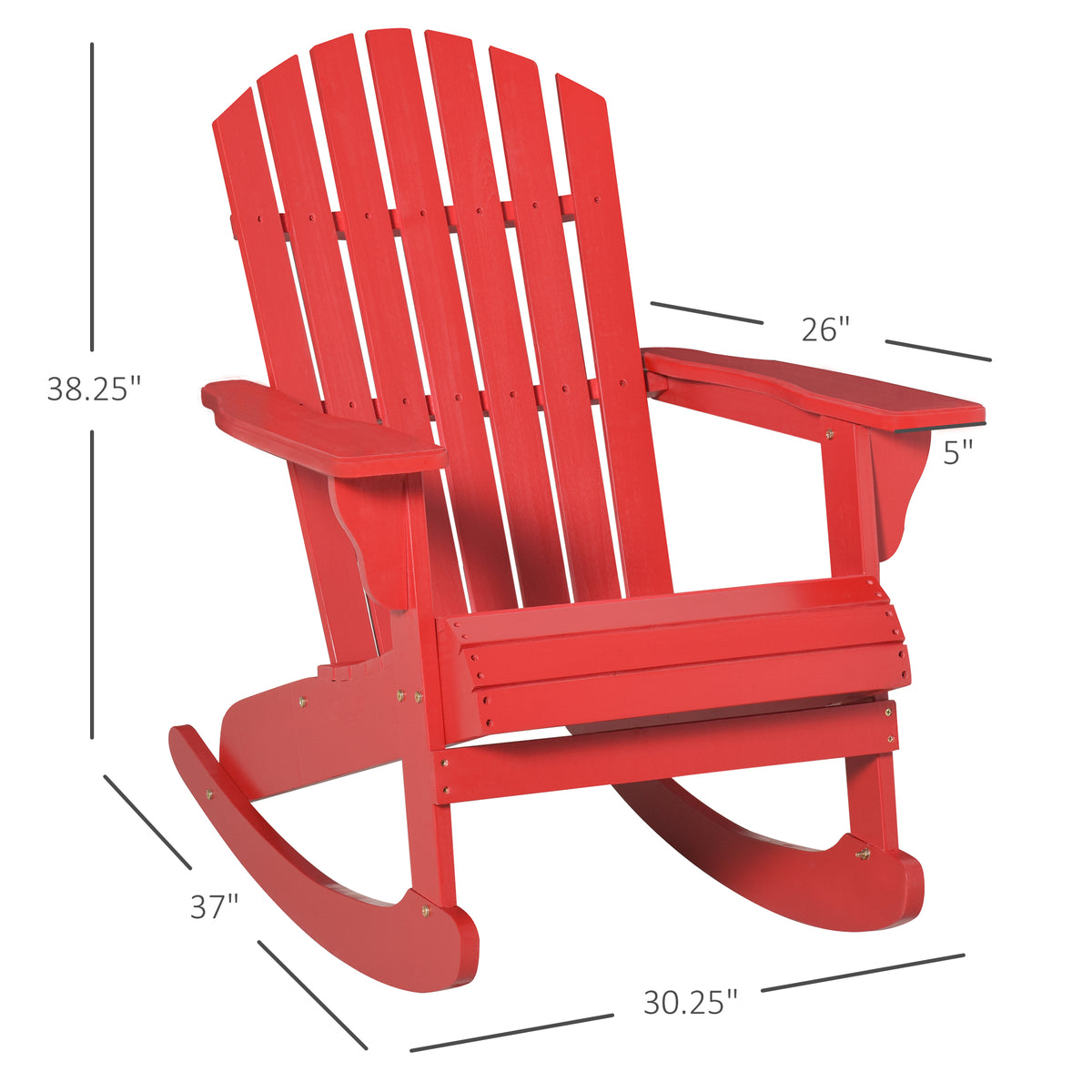 كرسي موسكوكا Adirondack الهزاز الخشبي بتصميم خشبي شرائحي، ظهر مروحي، ونمط ريفي كلاسيكي، أحمر