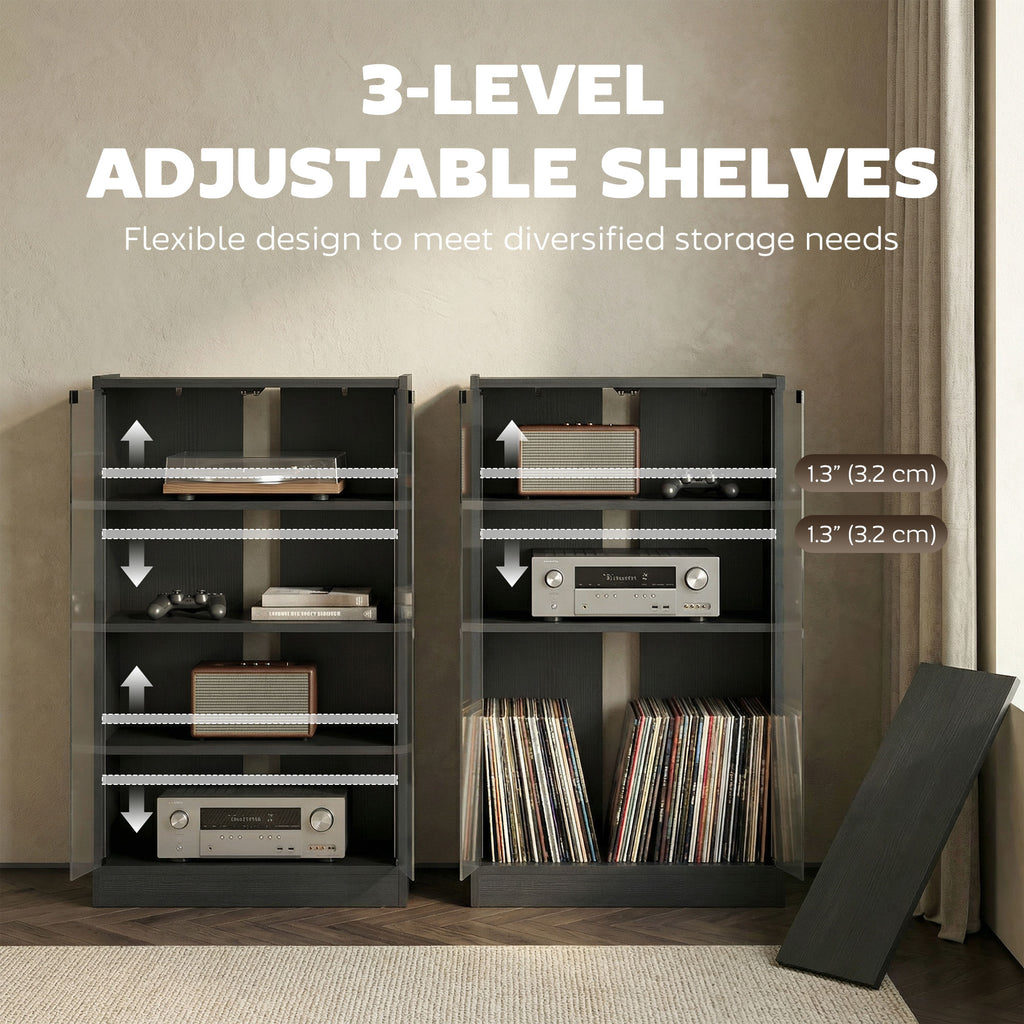 5-Tier AV Media Stand with Push to Open Glass Doors, Audio-Video Storage Cabinet with Adjustable Shelves for DVD Players, Games Consoles, Routers, Distressed Black