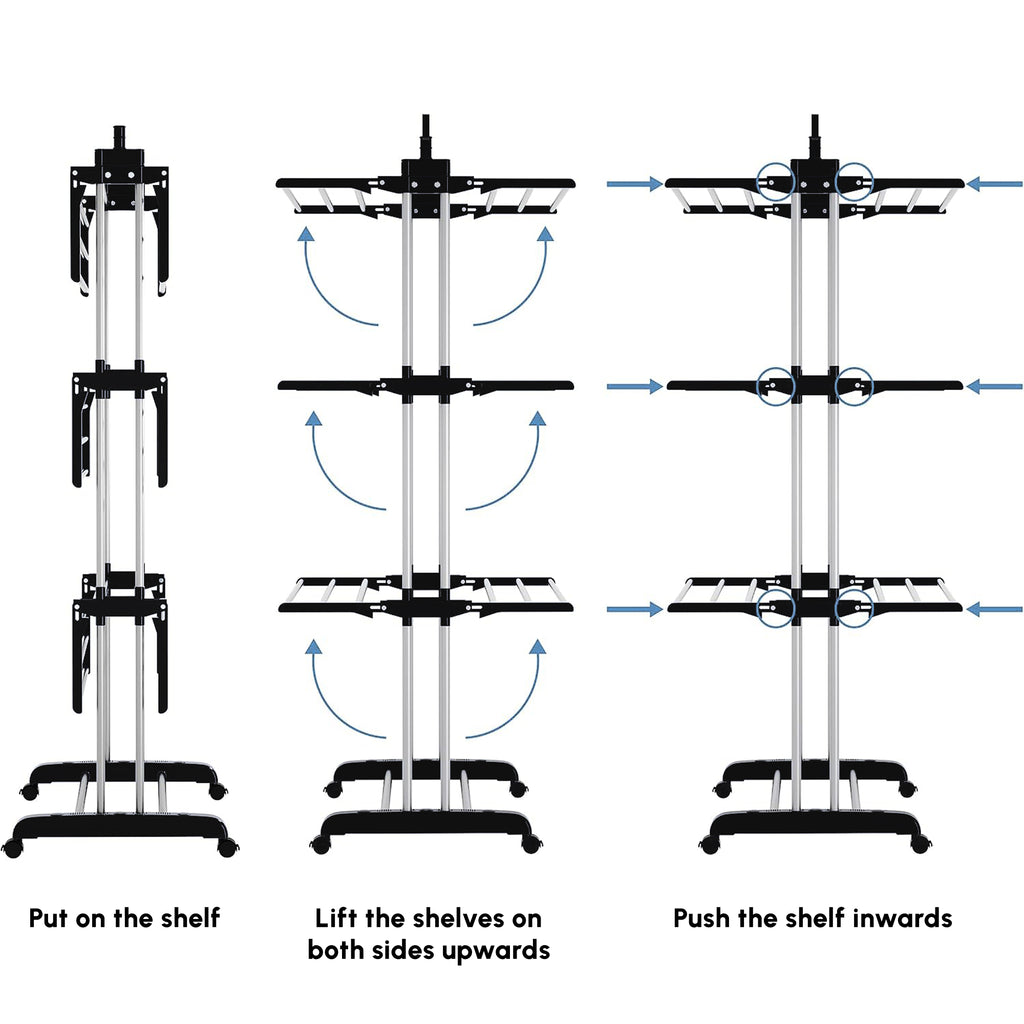 Foldable Clothes Drying Rack, 4-Tier Steel Laundry Rack for Drying Clothes with 2 Side Wings and 4 Castors, Indoor and Outdoor Use, Black