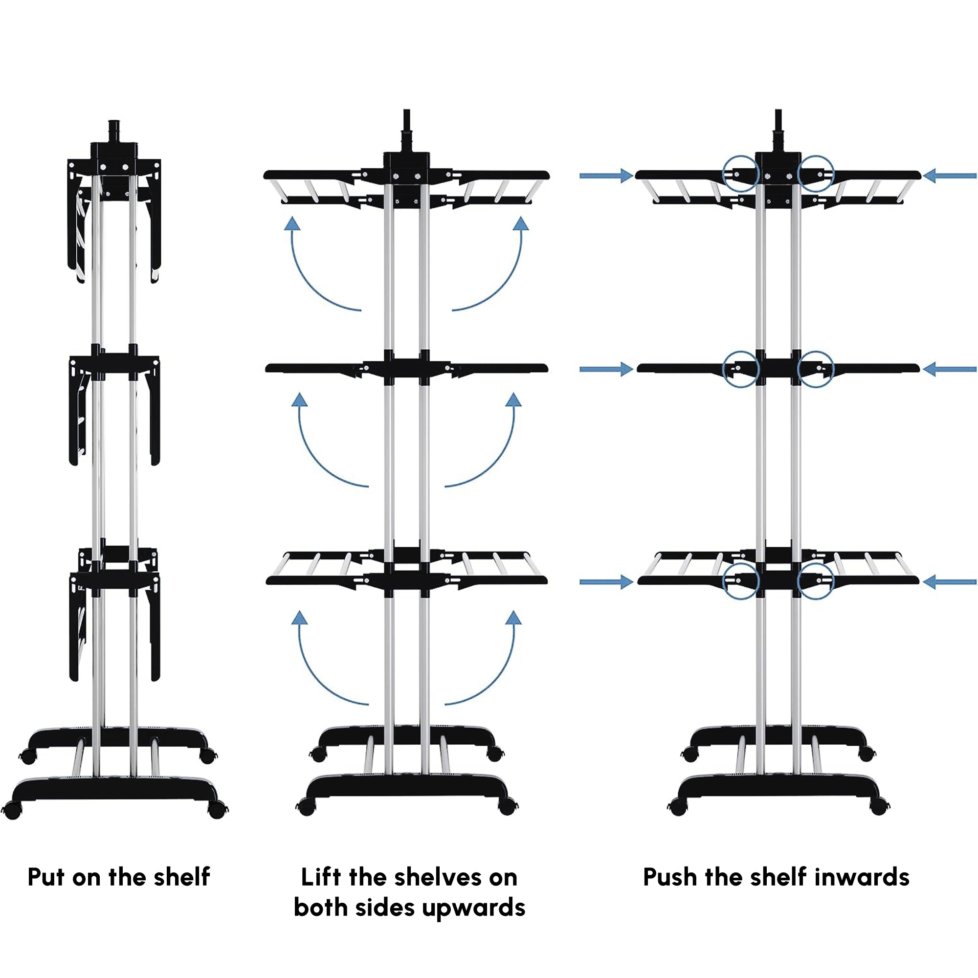 Foldable Clothes Drying Rack, 4-Tier Steel Laundry Rack for Drying Clothes with 2 Side Wings and 4 Castors, Indoor and Outdoor Use, Black