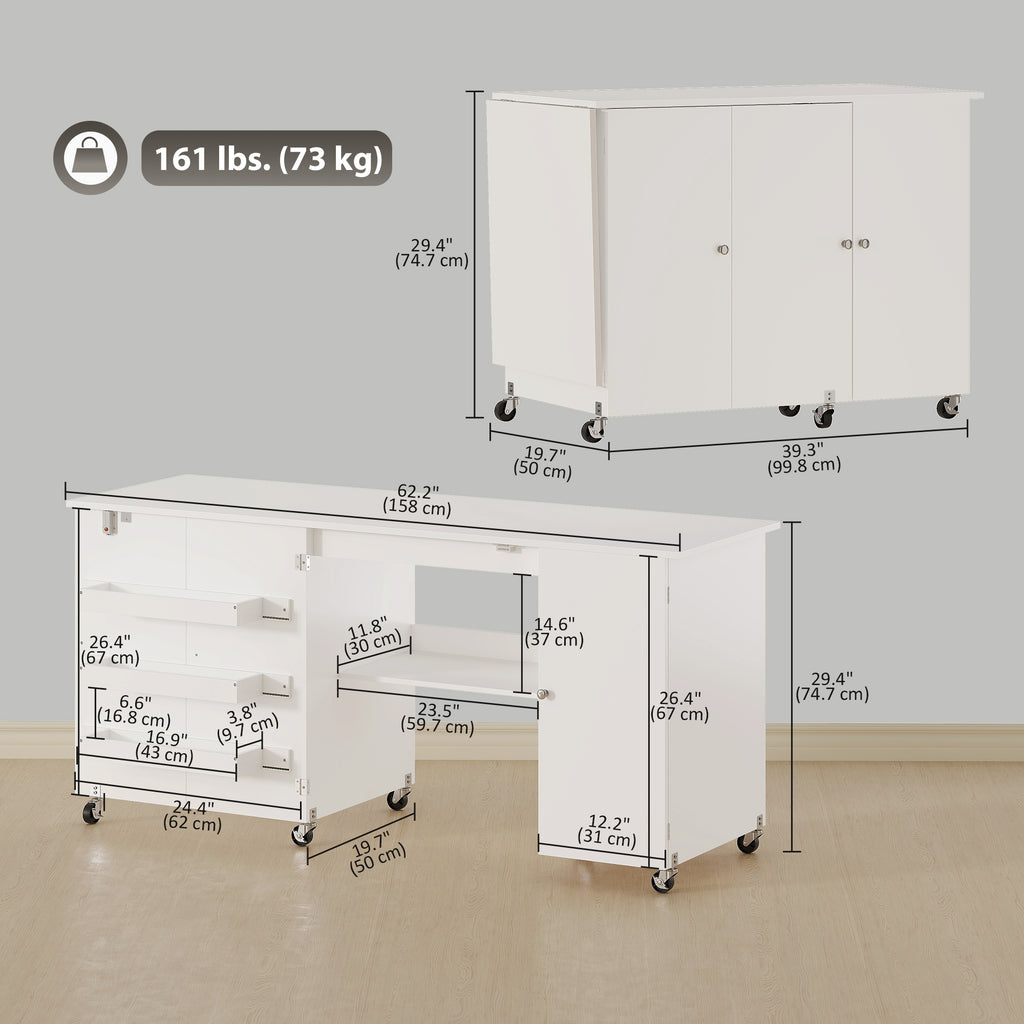 Sewing Machine Table with Drop Leaf, Folding Craft Table with 2 Doors and Adjustable Shelf for Small Spaces, Brown