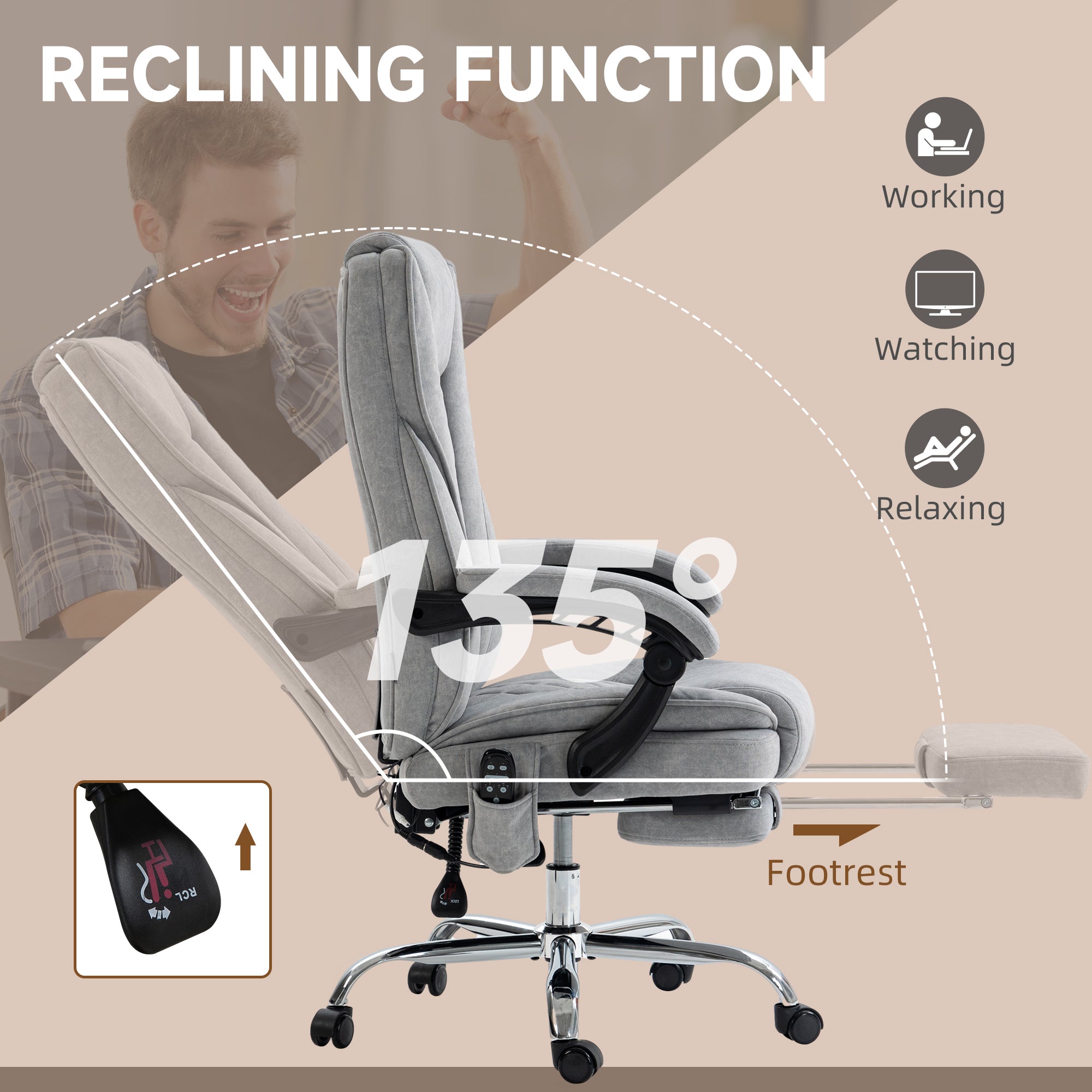 Massage Office Chair, Reclining Computer Chair with Adjustable Height and Footrest, Brown