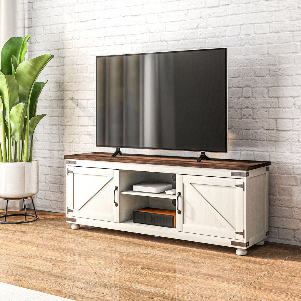 Farmhouse TV Stand Small Minimalist Barn Doors Cable Management for 65" TV Small Space Apartment Distressed White