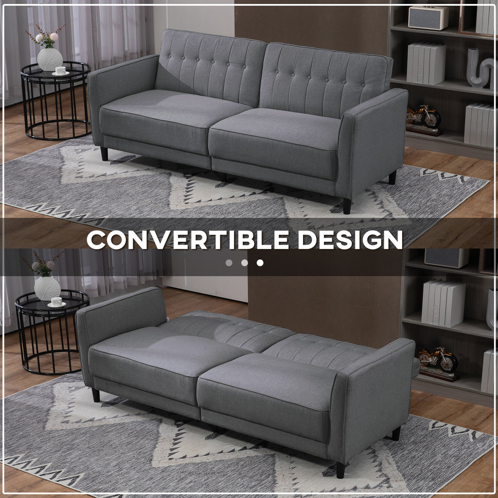 Convertible Bed with Couch, Button Tufted Fabric Sofa Bed with Adjustable Back for Living Room, Charcoal Grey