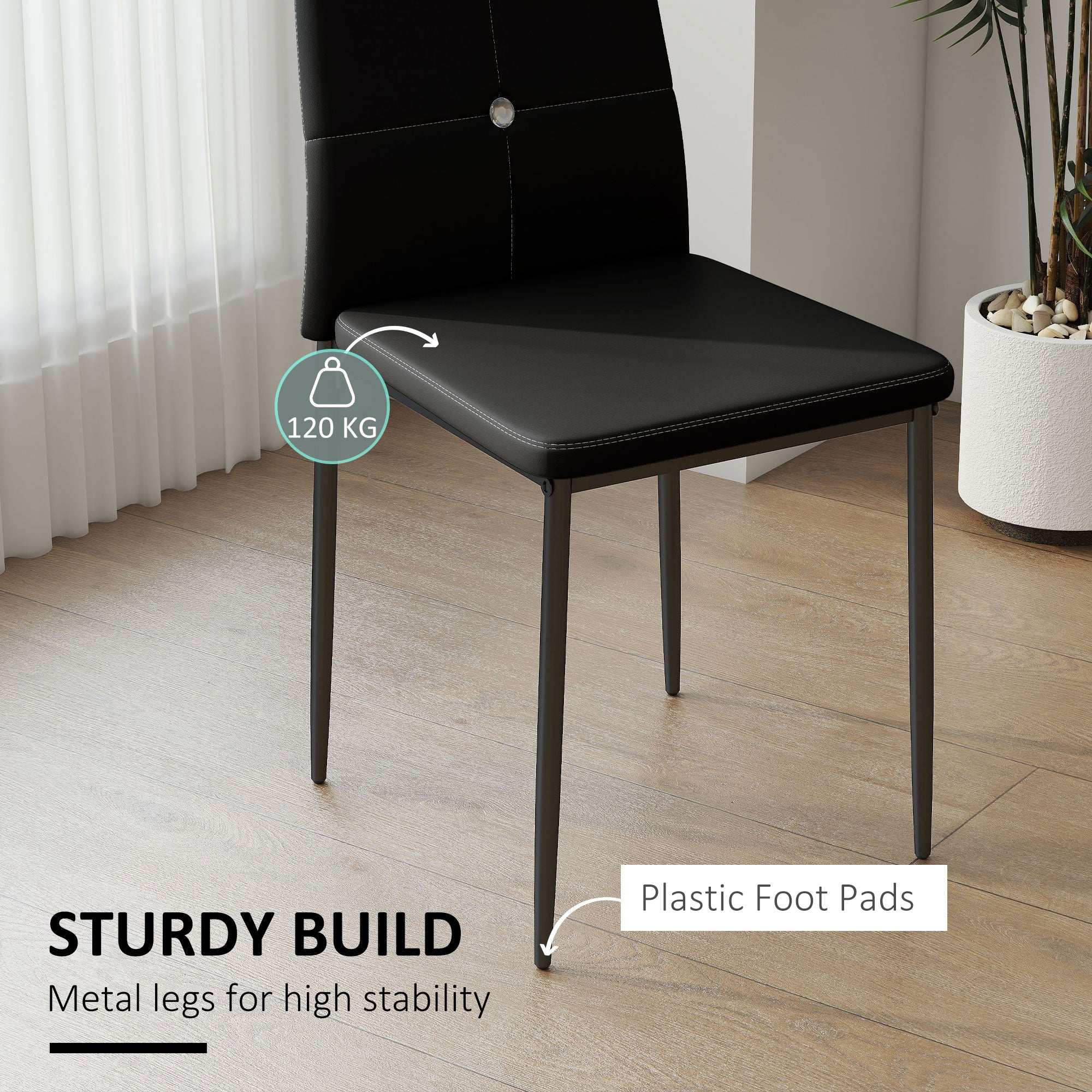 Set of 6 Button Tufted Back Side Chairs with Upholstered Seat, Steel Legs for Living Room, Kitchen, Bedroom, Black