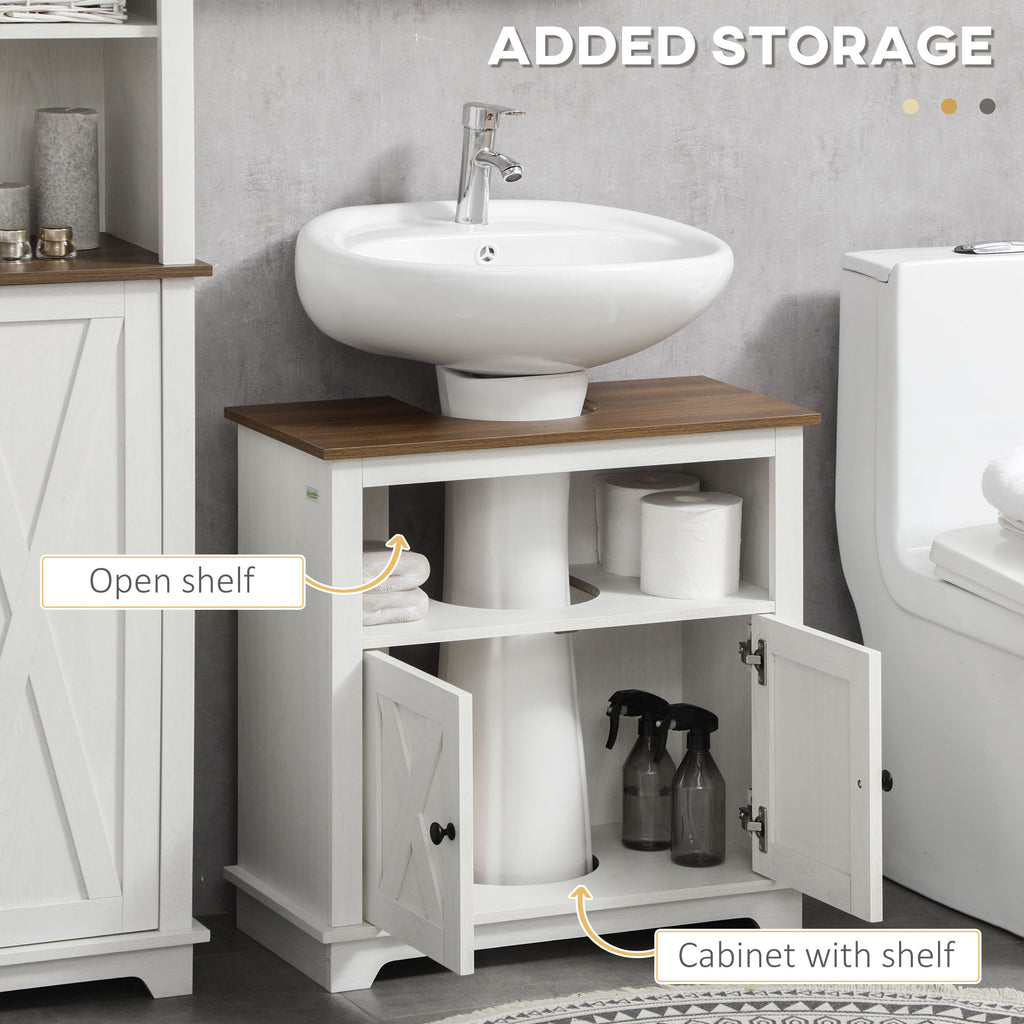 Farmhouse Bathroom Sink Cabinet, Pedestal Sink Storage Cabinet with Double Doors and Shelves, White
