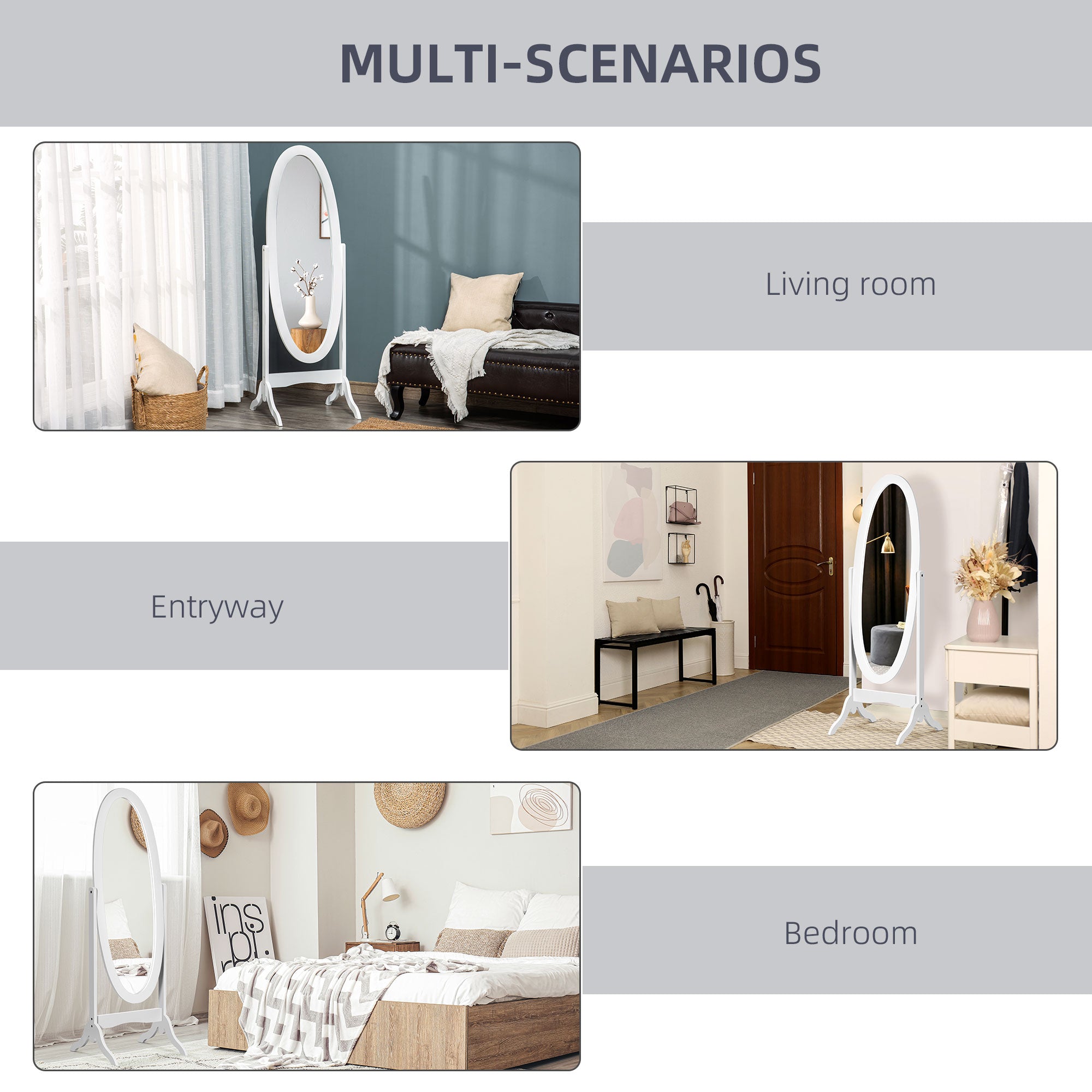 Floor Standing Mirror Full Length Mirror with Adjustable Angle Oval Frame for Dressing Room Bedroom Living Room White