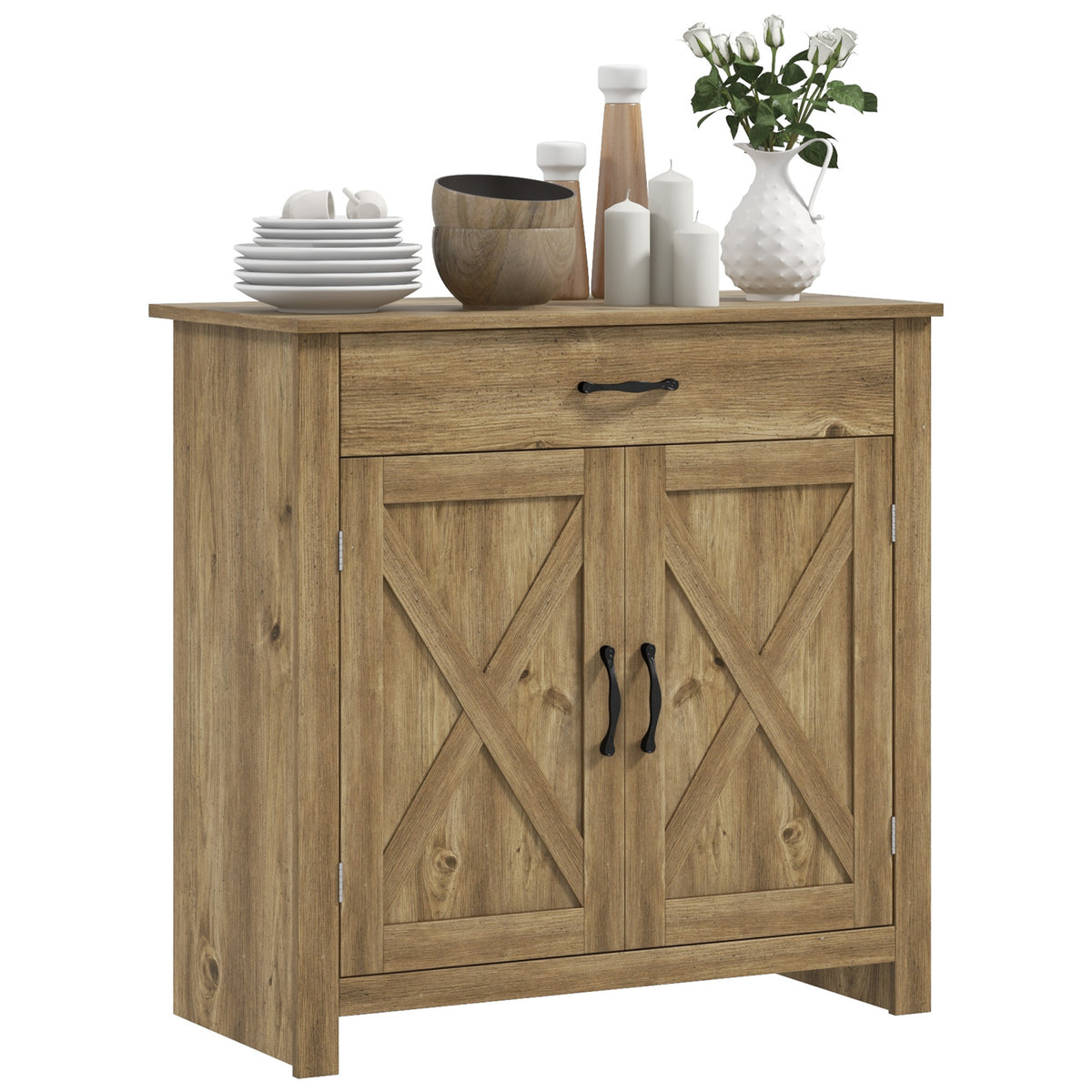 Farmhouse Sideboard Buffet Cabinet, Storage Cabinet with Barn Doors, Nature Wood