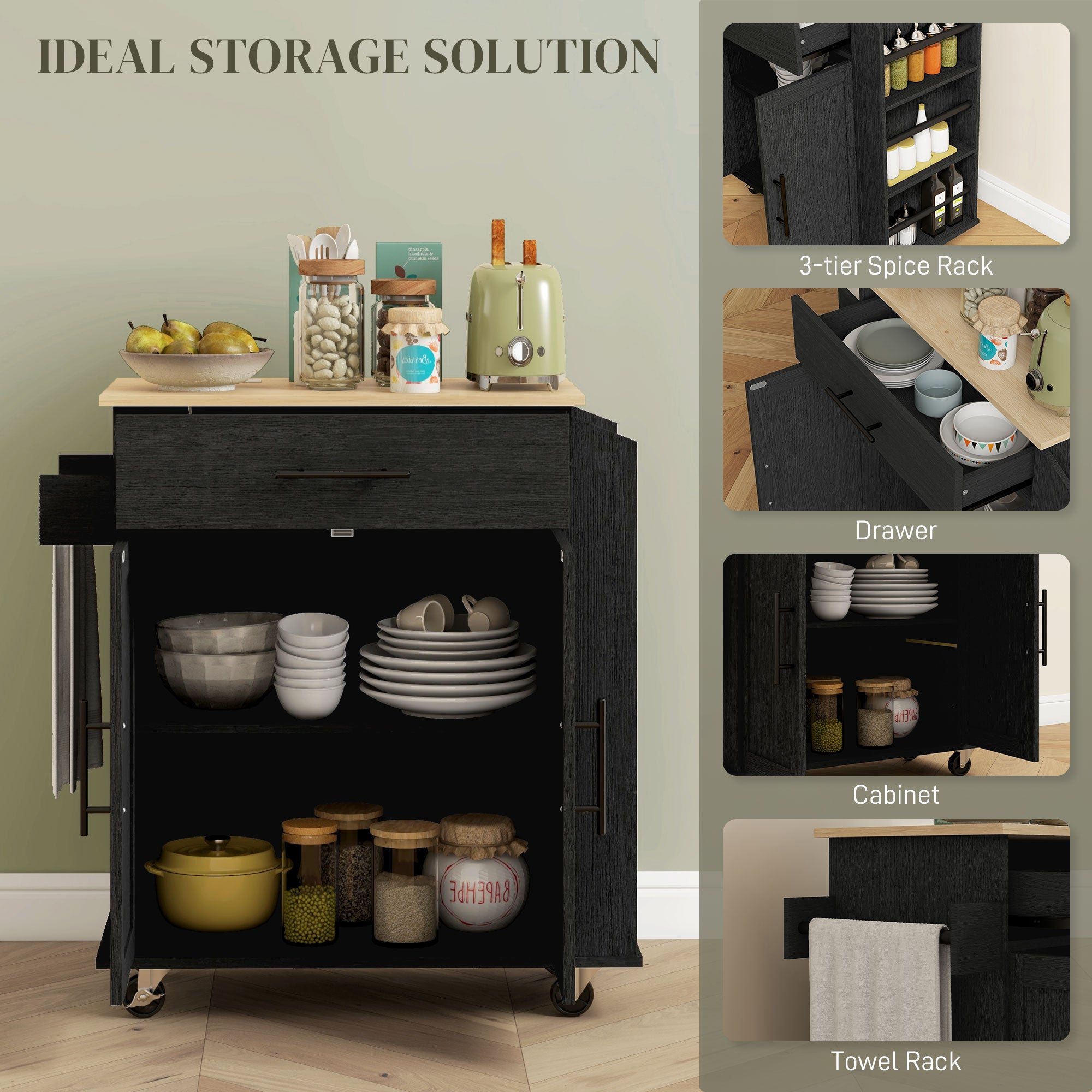 Rolling Island with Wheels for Kitchen, Kitchen Island on Rollers with Power Outlets, Drawer and Doors