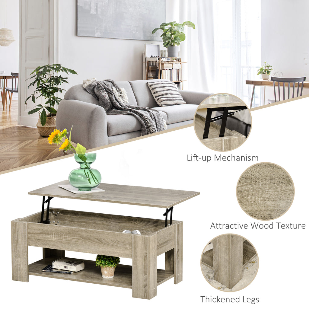 Lift Top Coffee Table with Hidden Storage Compartment and Open Shelf, Center Table for Living Room, Grey