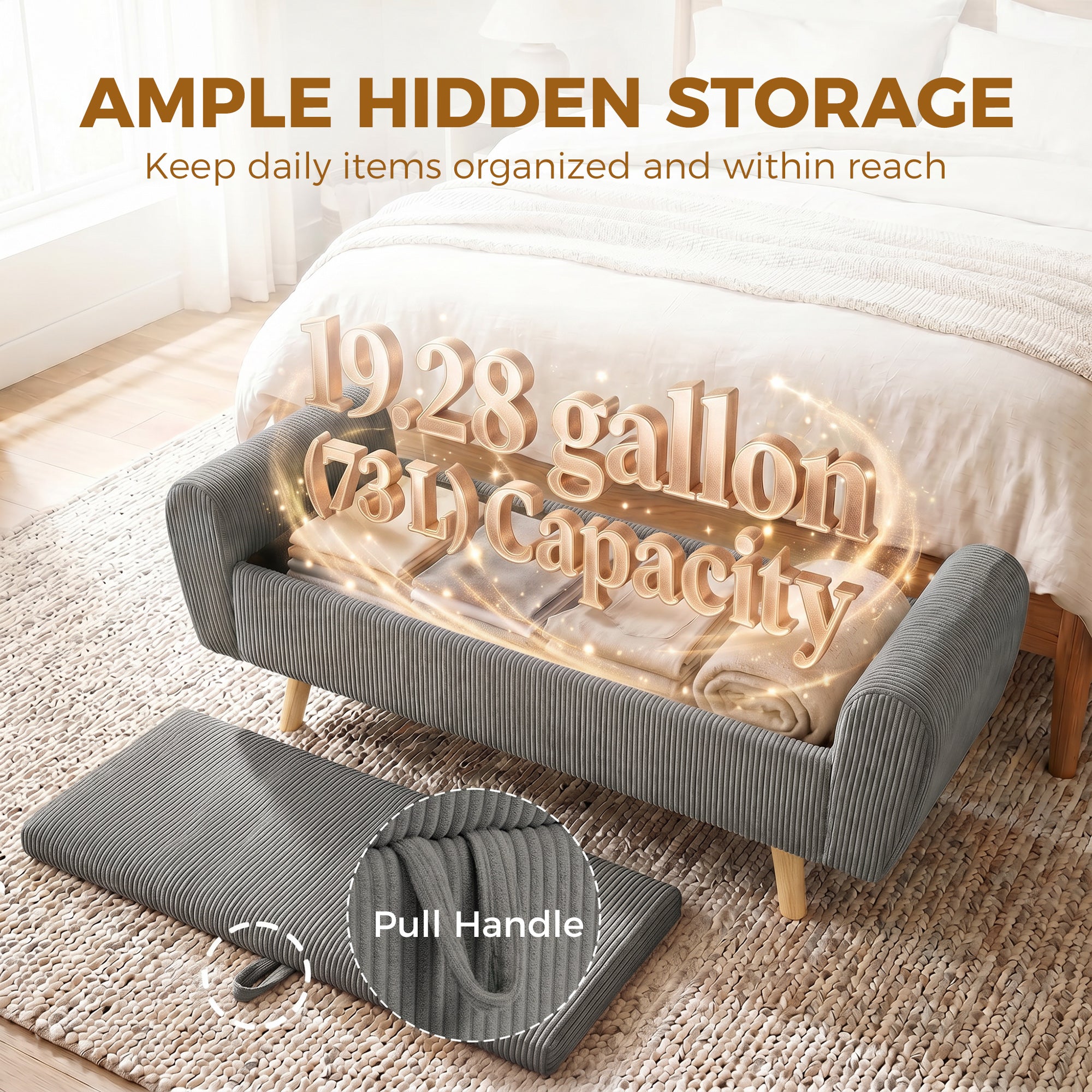 Storage Ottoman, 59" Corduroy End of Bed Storage Bench for King Size Bed with Wooden Legs and Rolled Arms, Dark Grey
