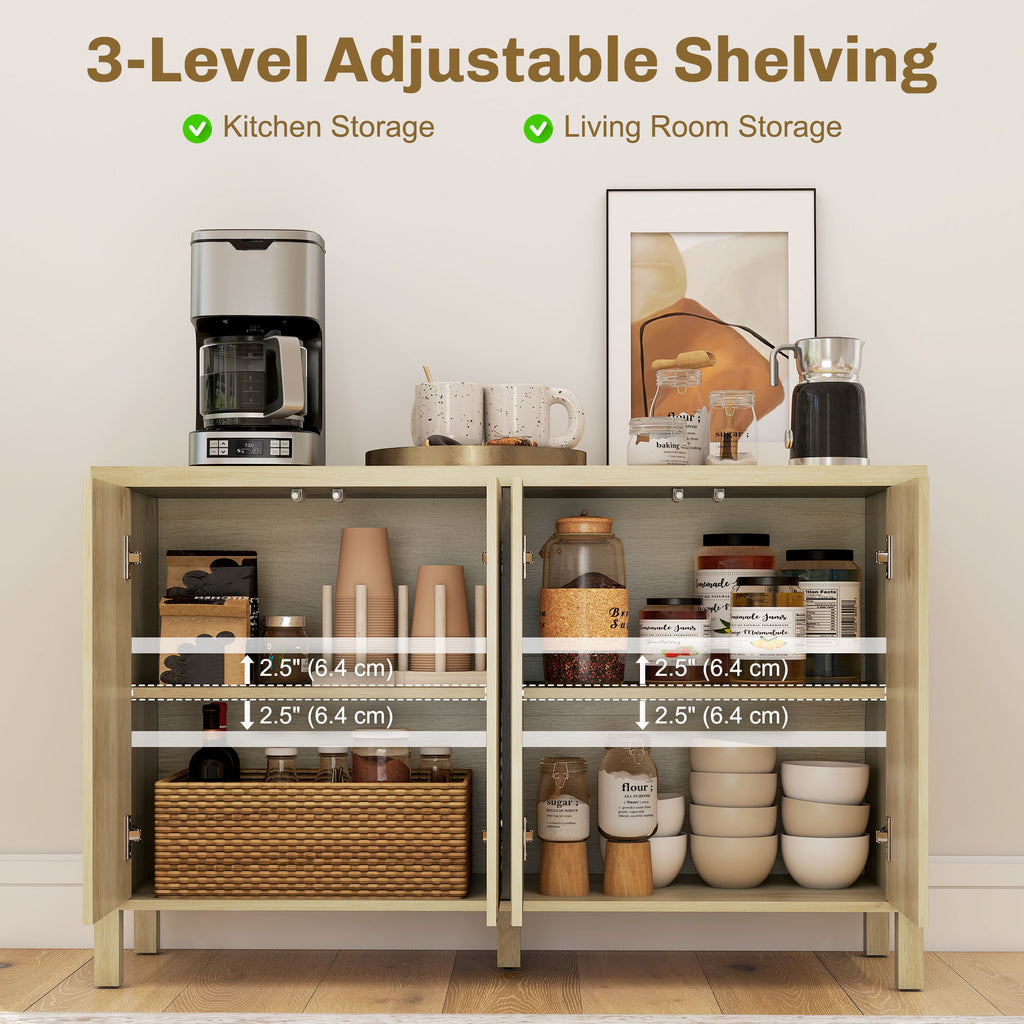 47" Buffet Cabinet with Storage, Fluted Sideboard with Push to Open Design, 2 Adjustable Shelves and 4 Doors, Natural