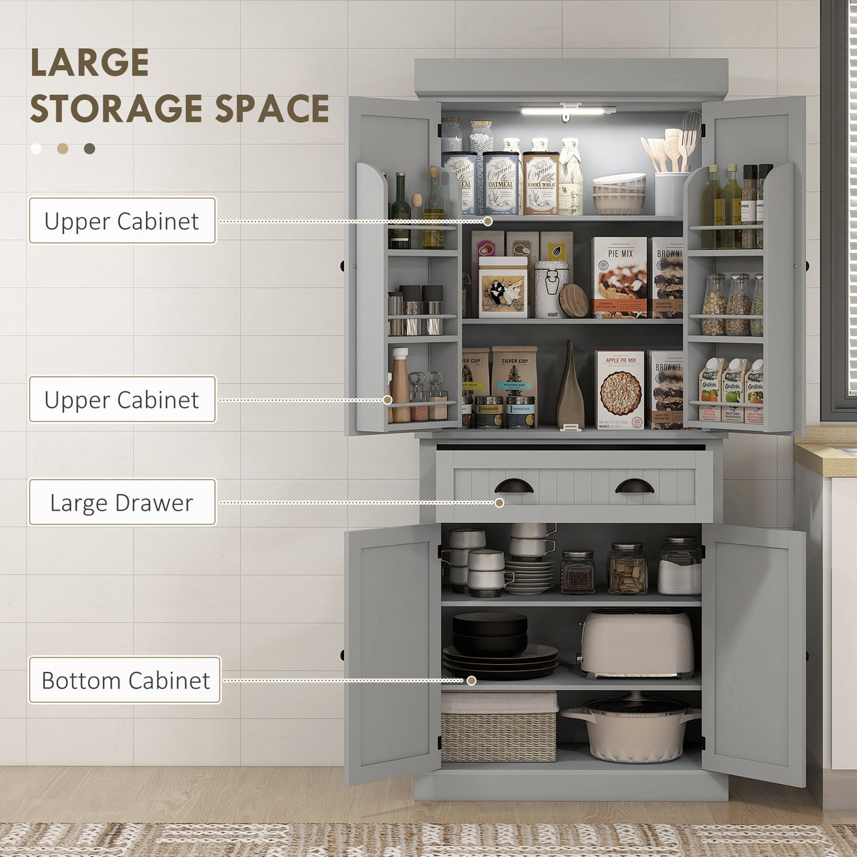 71" Kitchen Pantry Cabinet with LED Lights, 6 Spice Racks, a Drawer and 4 Adjustable Shelves, White