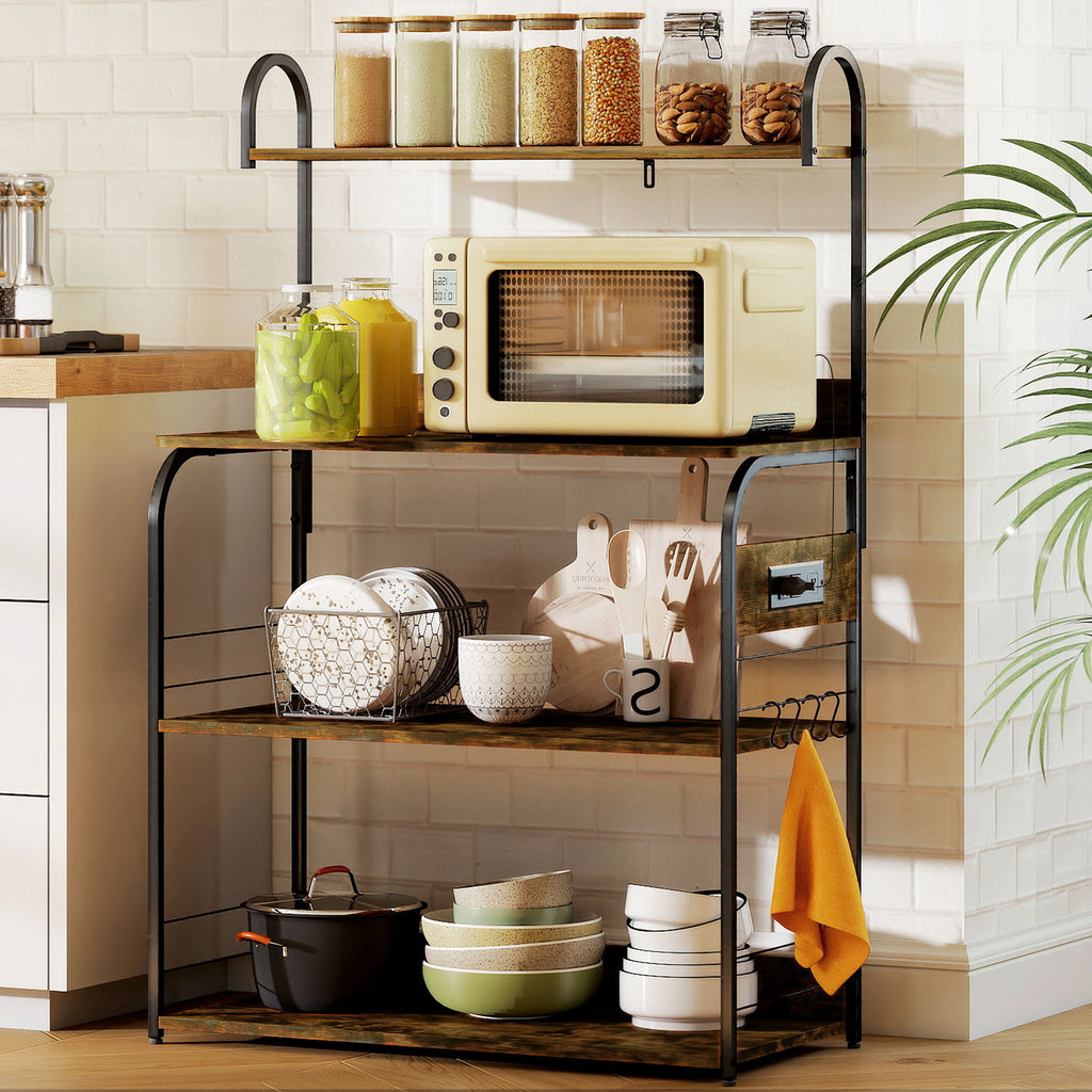 Baker's Rack with Charing Station, Microwave Shelf with Power Outlet, USB Charger and 5 Hooks, Rustic Brown