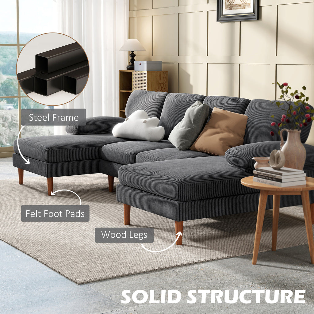 U Shape Couch with Double Chaise Lounge, Modern 4 Seater Sofa with Wooden Legs, Fabric Sofa for Living Room, Dark Grey