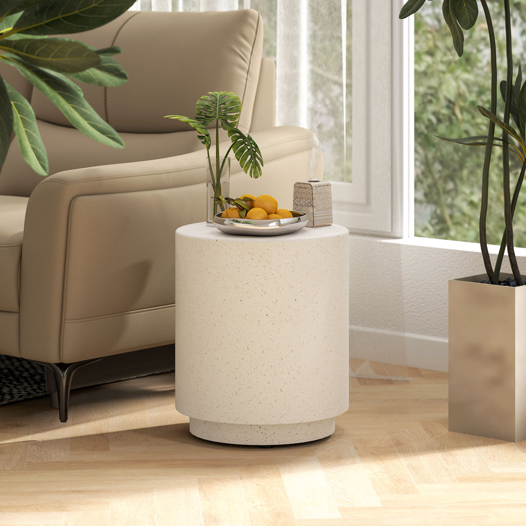 Terrazzo Finish Side Table, 17" Round End Table for Indoor and Outdoor, Cream White