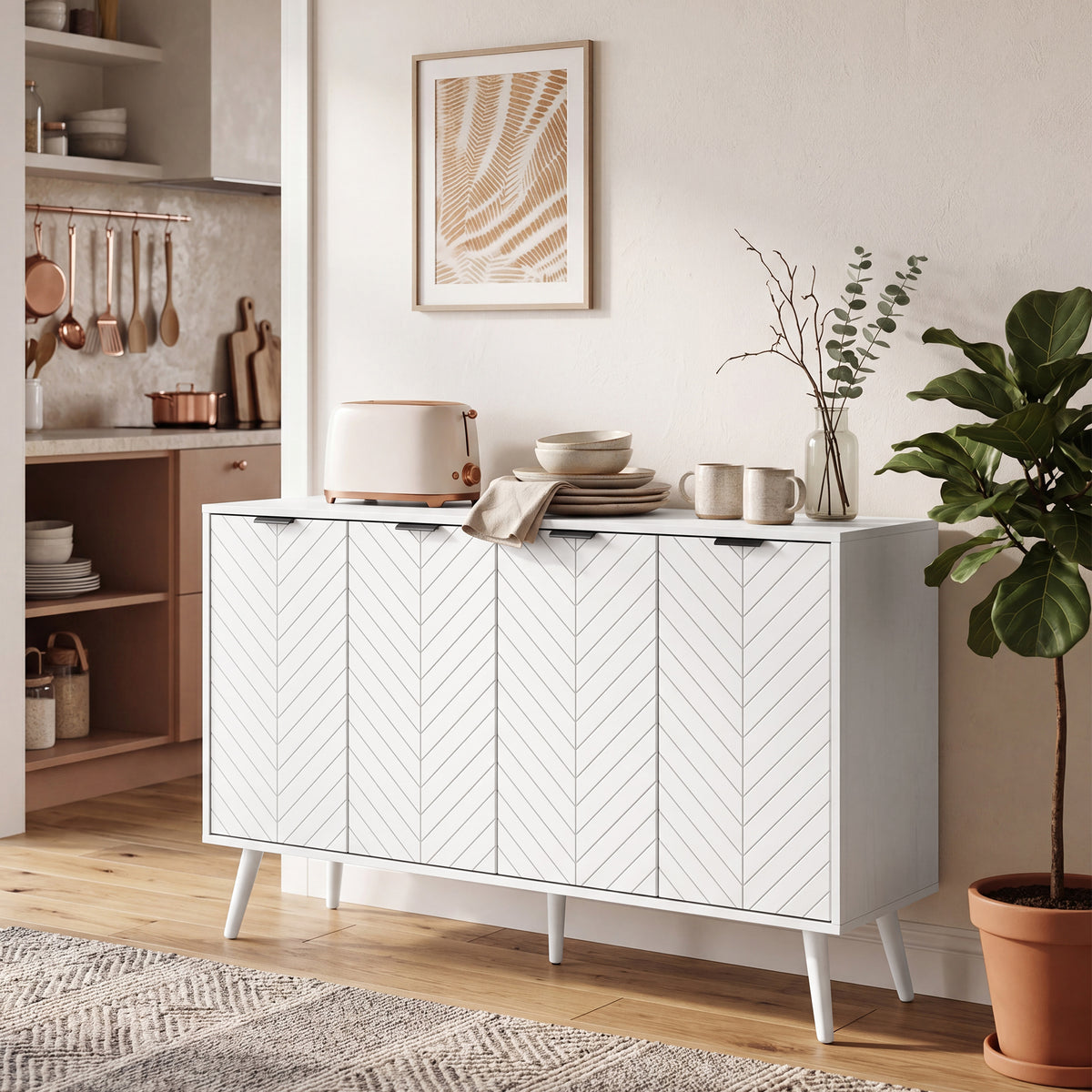 Modern Sideboard and Buffet, Dining Room Cabinet with Adjustable Shelves and 4 Doors, Black