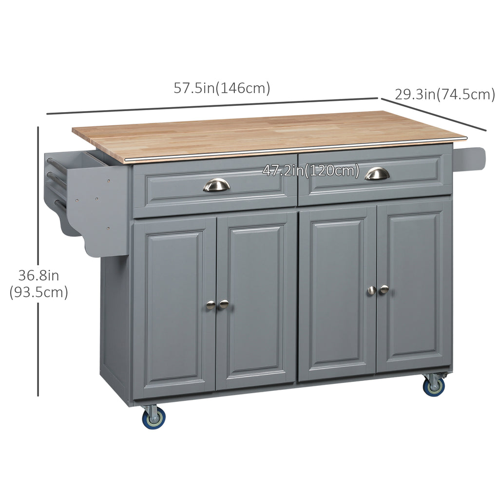 Kitchen Island with Storage, Rolling Kitchen Island with Drop Leaf, Rubber Wood Top and Adjustable Shelves, White