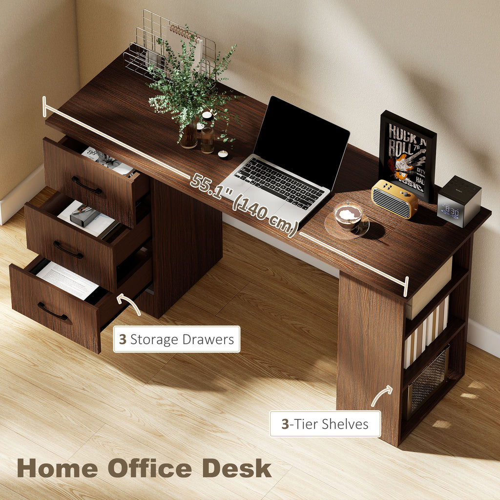 Computer Desk, 47" Writing Table with 3-Tier Shelves and 3 Reversible Drawers for Home Office, Bedroom, White