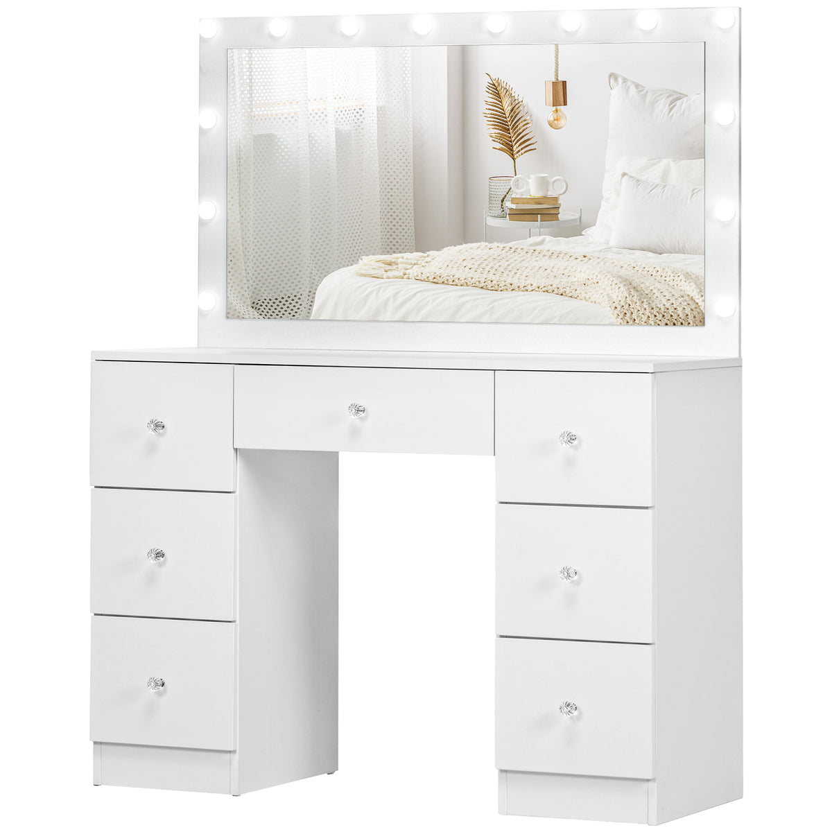 Makeup Vanity Table, Dressing Table with Mirror and Lights, Modern Makeup Table with 7 Drawers and 10 LED Lights, White