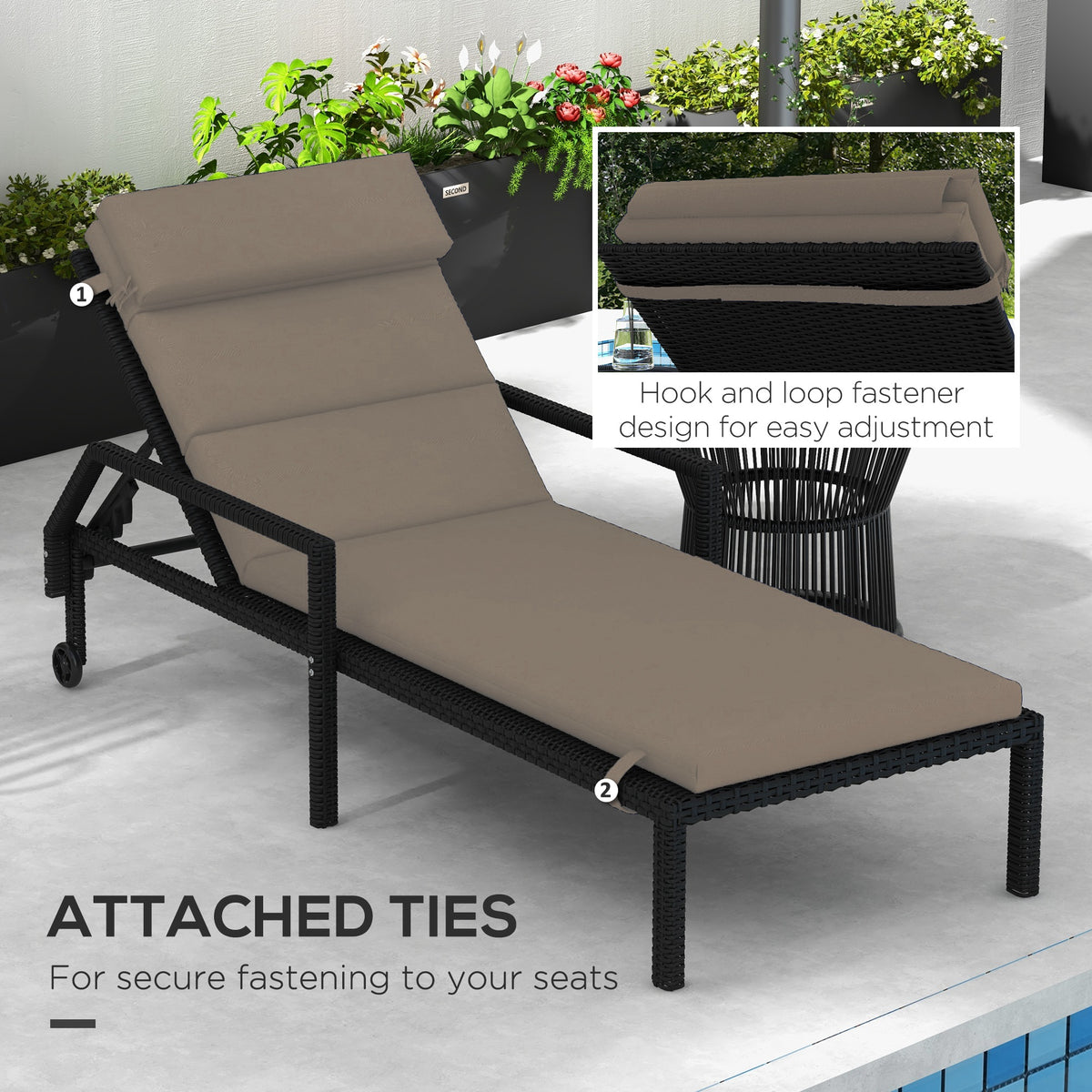 Patio Chaise Lounge Chair Cushion Replacement Sun Lounger Pads with Headrest and Ties, Dark Grey