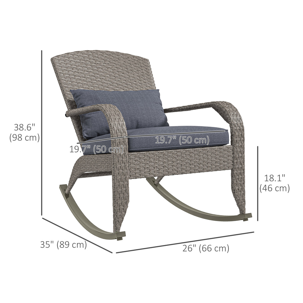 Adirondack Chair, Outdoor Wicker Rocking Chair with High Back, Seat Cushion and Pillow for Porch, Balcony, Grey/Yellow